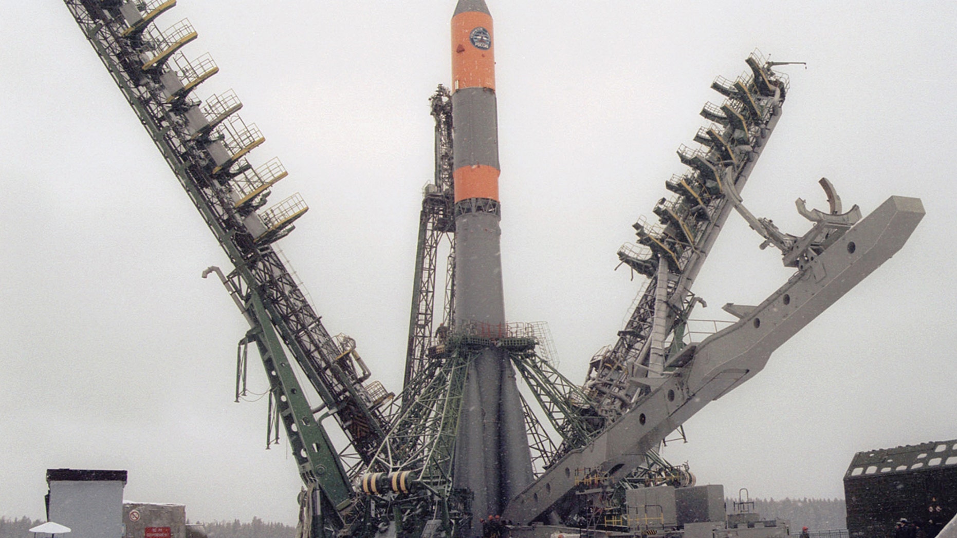 A molniya-m booster rocket is seen at a launching pad of the Plesetsk Cosmodrome shortly before its firing, Arkhangelsk region, Russia, April 2, 2003.,