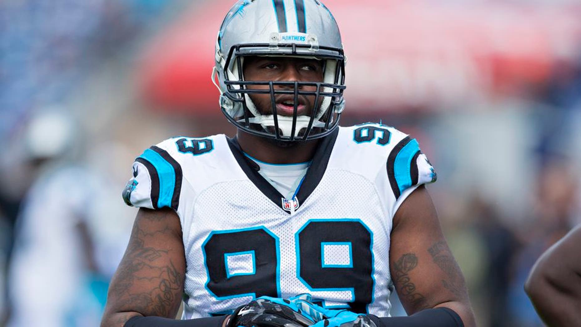 NASHVILLE, TN - NOVEMBER 15: Kawann Short #99 of the Carolina Panthers warming up before a game against the Tennessee Titans at Nissan Stadium on November 15, 2015 in Nashville, Tennessee. (Photo by Wesley Hitt/Getty Images)