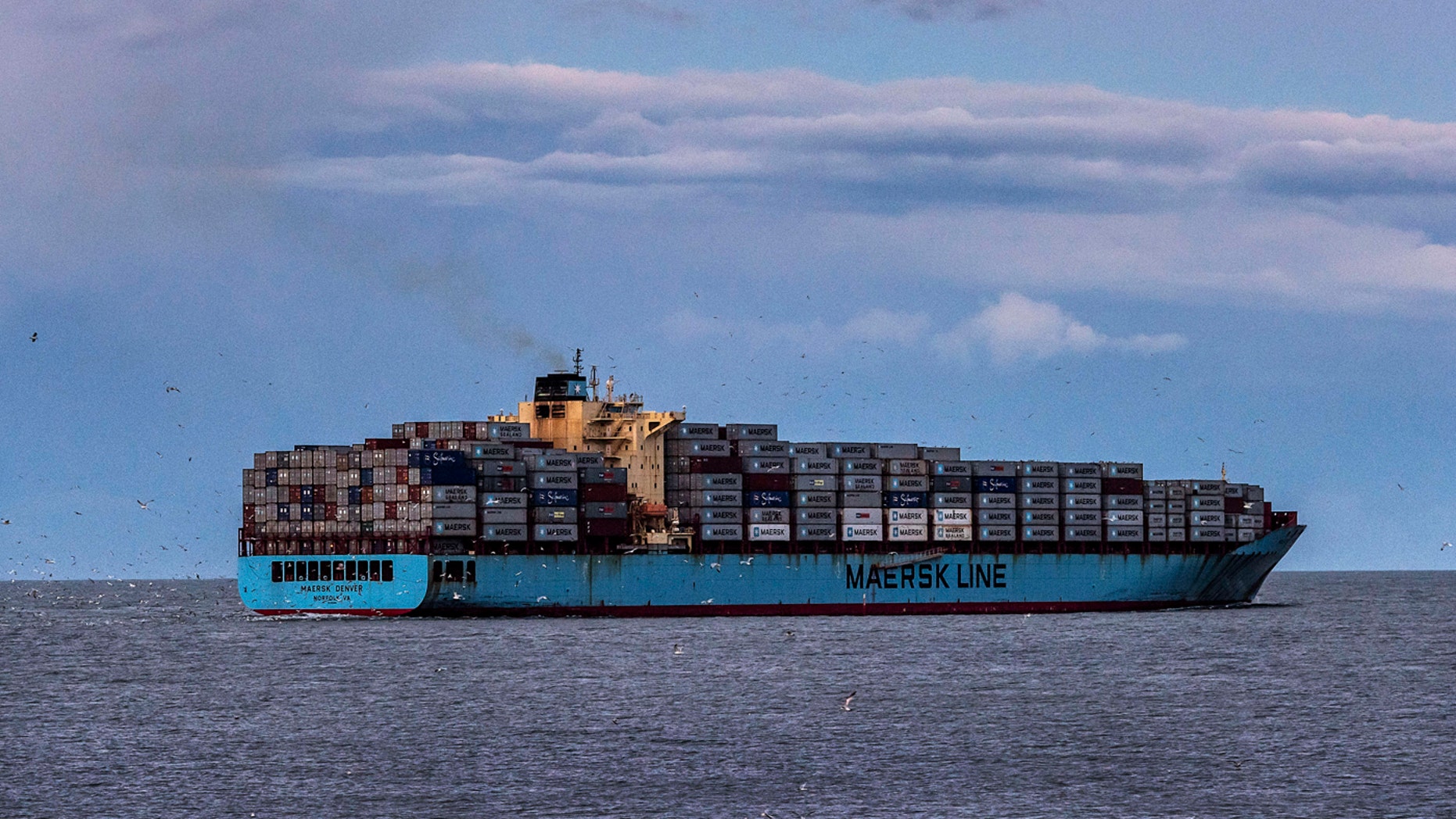 A Maersk container ship is seen departing from Chesapeake Bay.