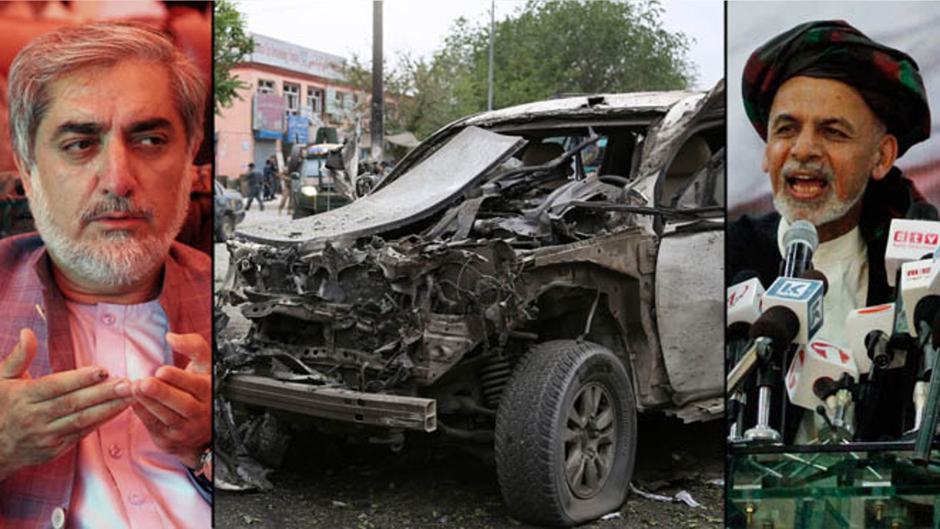 Shown at left is Afghan presidential candidate Abdullah Abdullah; at right is rival Ashraf Ghani; at center is the site of an attack that struck Abdullah's convoy on June 6.