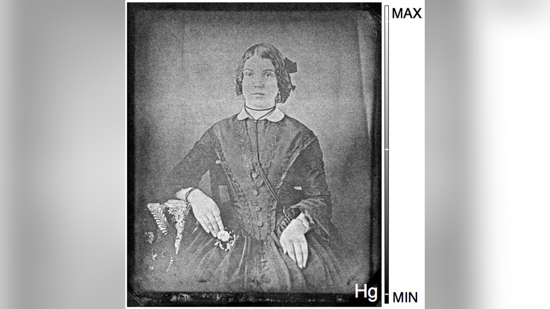 An image of a woman is recovered from a 19th-century daguerreotype that had tarnished almost beyond recognition. With the novel process, researchers mapped its mercury content and brought the 'ghost' back to life. (Credit: National Gallery of Canada/Western University)