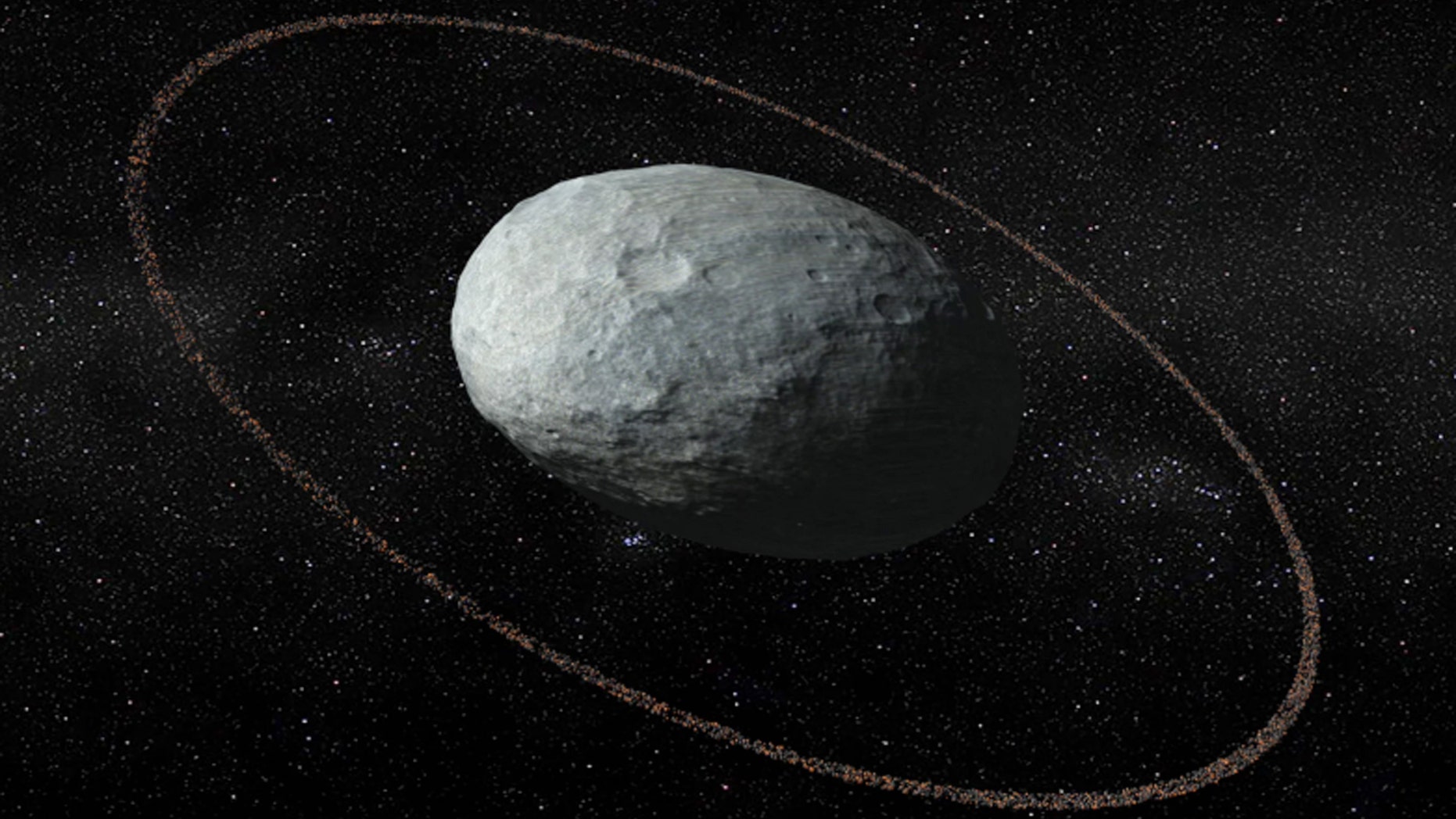 A picture of Haumea, an oblong-shaped dwarf planet with rings around it. (Credit: IAA-CSIC/UHU)