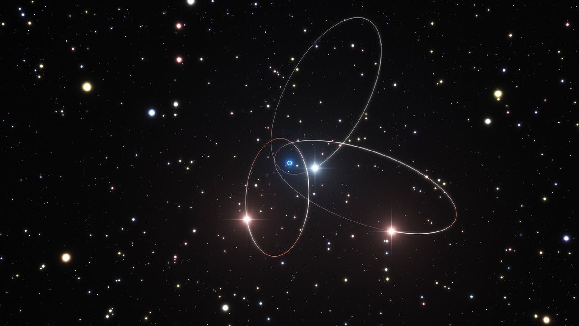This artist's illustration shows the orbits of three stars, including the giant star S2, around the supermassive black hole at the center of our Milky Way galaxy. Scientists say the stars' orbits may show effects predicted by Einstein's general theory of relativity.