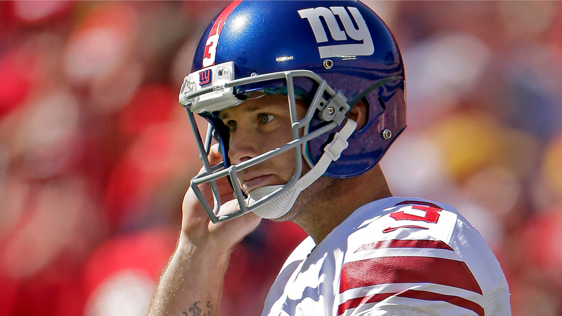 Sept. 29, 2013: New York Giants kicker Josh Brown reacts after missing a field goal during the first half of an NFL football game against the Kansas City Chiefs at Arrowhead Stadium in Kansas City, Mo.