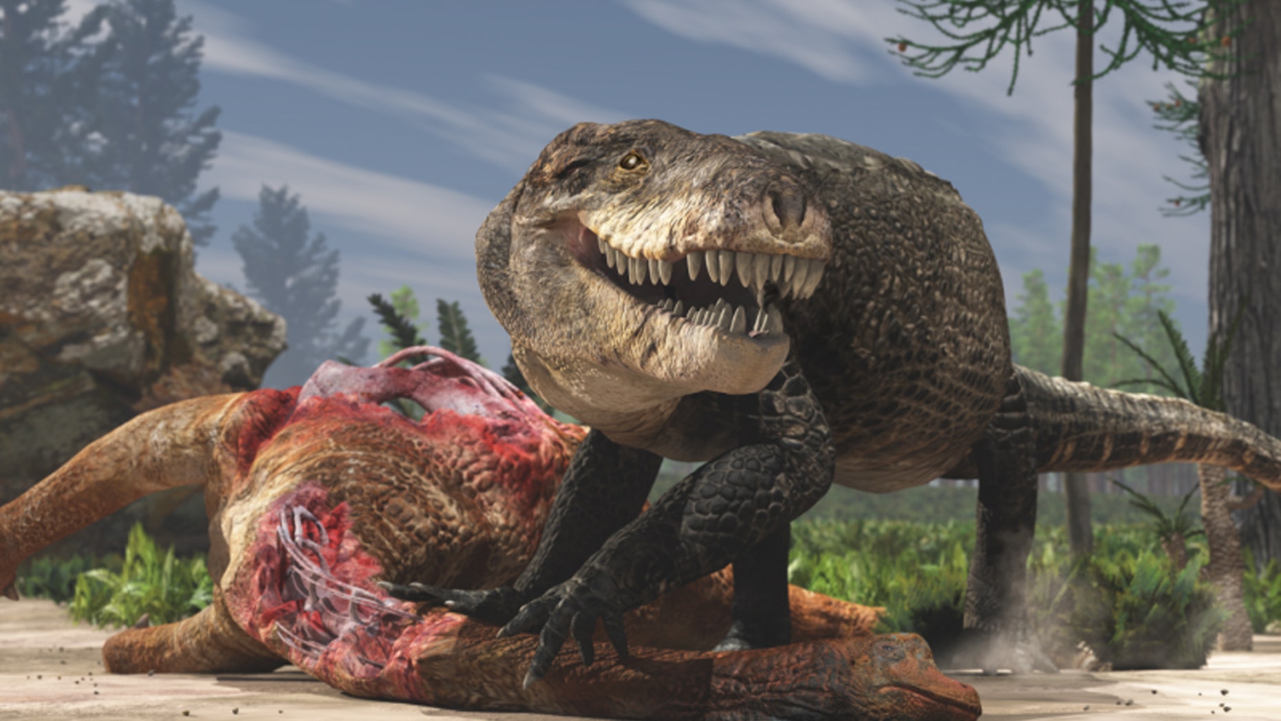 A paleoartistic restoration of Razanandrongobe sakalavae scavenging on a sauropod carcass in the Middle Jurassic of Madagascar. Unlike extant crocodilians, this terrestrial predator had a deep skull and walked on erect limbs. Credit: Fabio Manucci