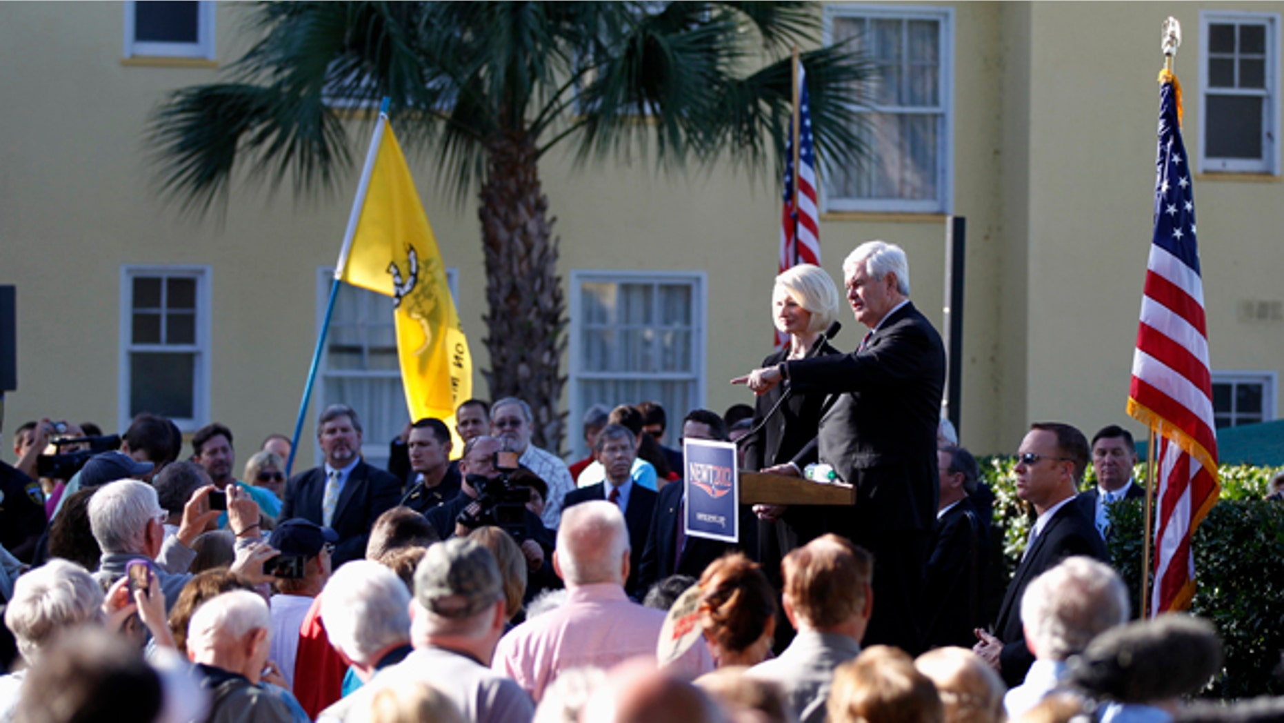 Jan. 26, 2012: Republican presidential candidate, former House Speaker Newt Gingrich, accompanied by his wife Callista, speaks at a Tea Party Rally in Mount Dora, Fla.