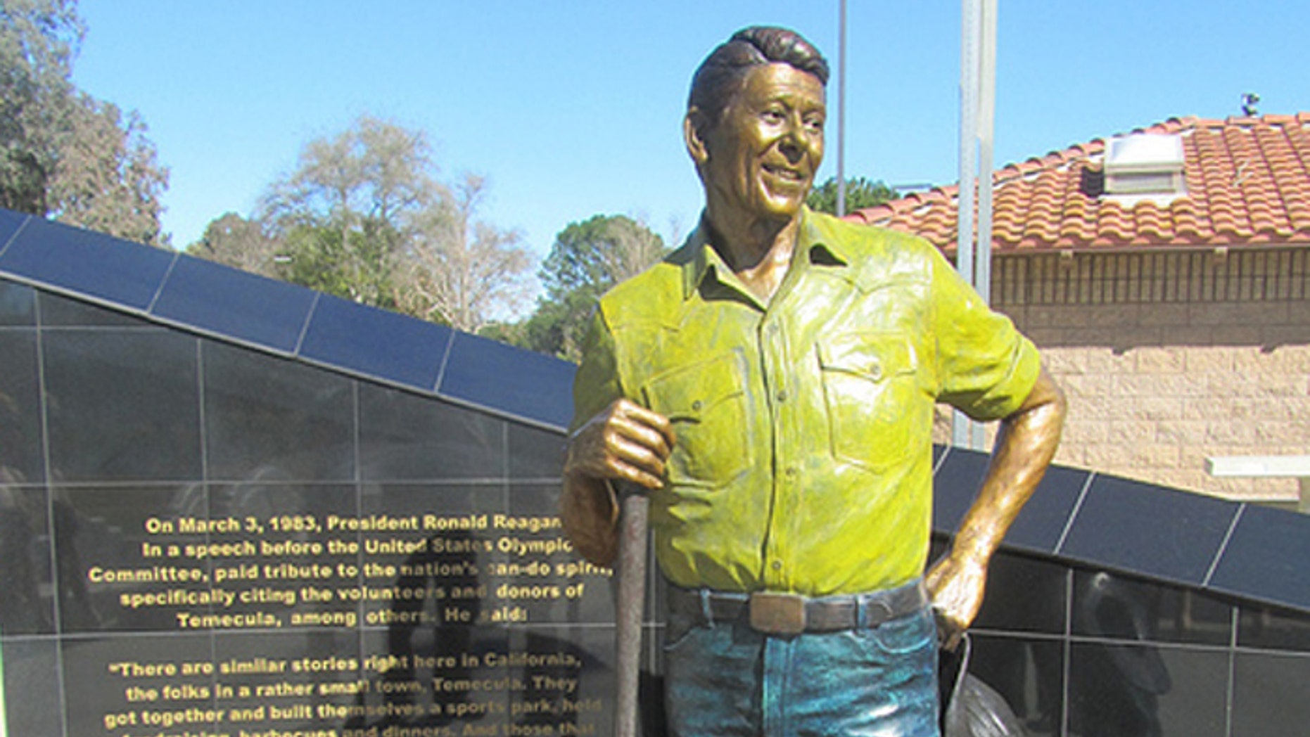 This image shows the 1-year-old statue of Ronald Reagan before it was torched last week in an apparent arson fire at the Ronald Reagan Sports Park in Temecula, Calif.