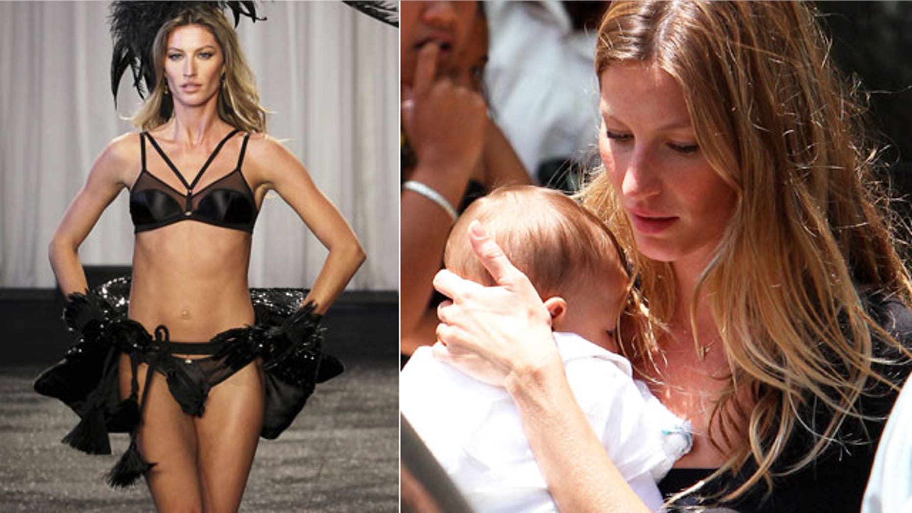 Gisele Bundchen on the catwalk and with her son Benjamin.