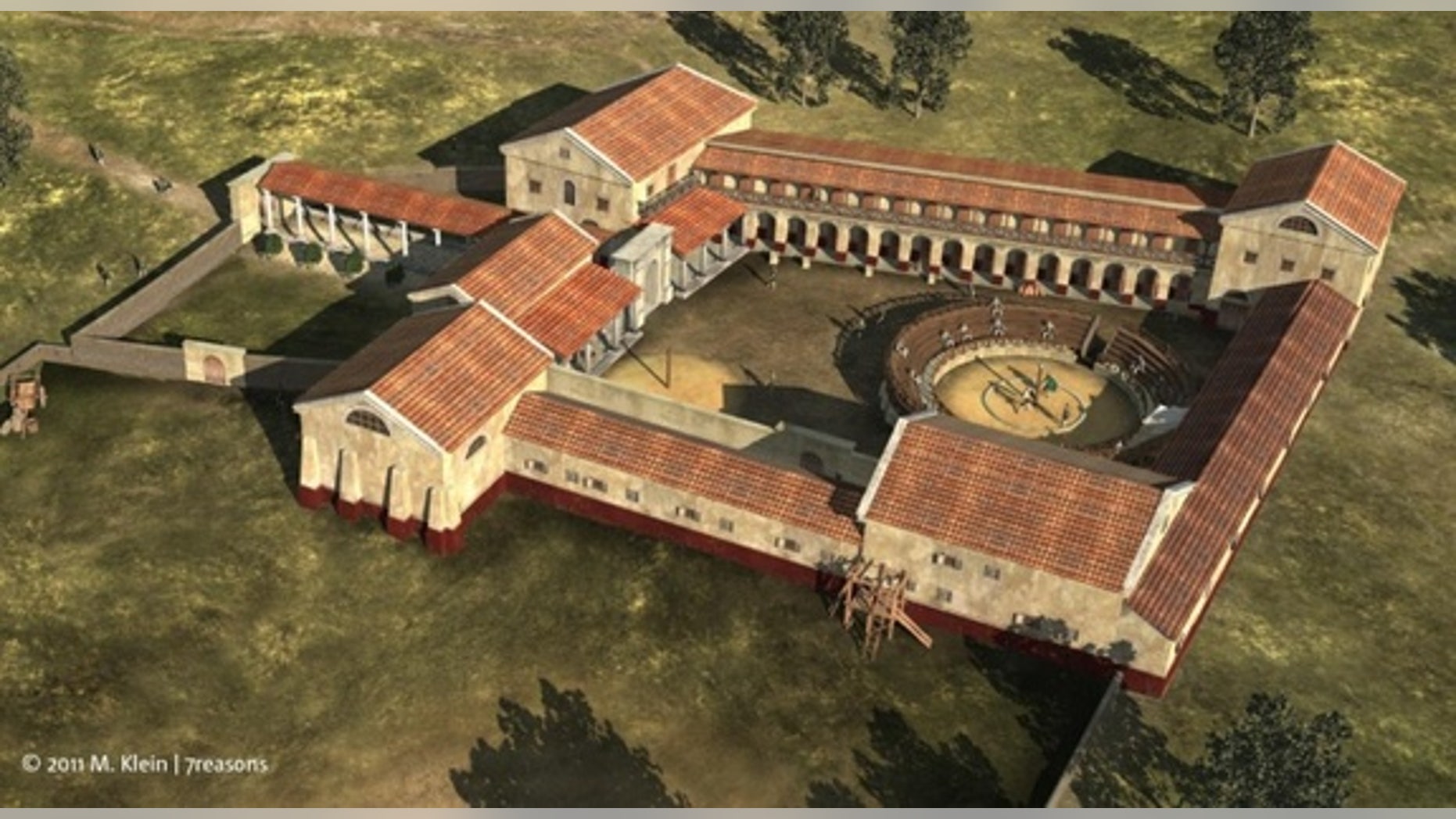 This virtual reconstruction shows the gladiator school as viewed from the south.
