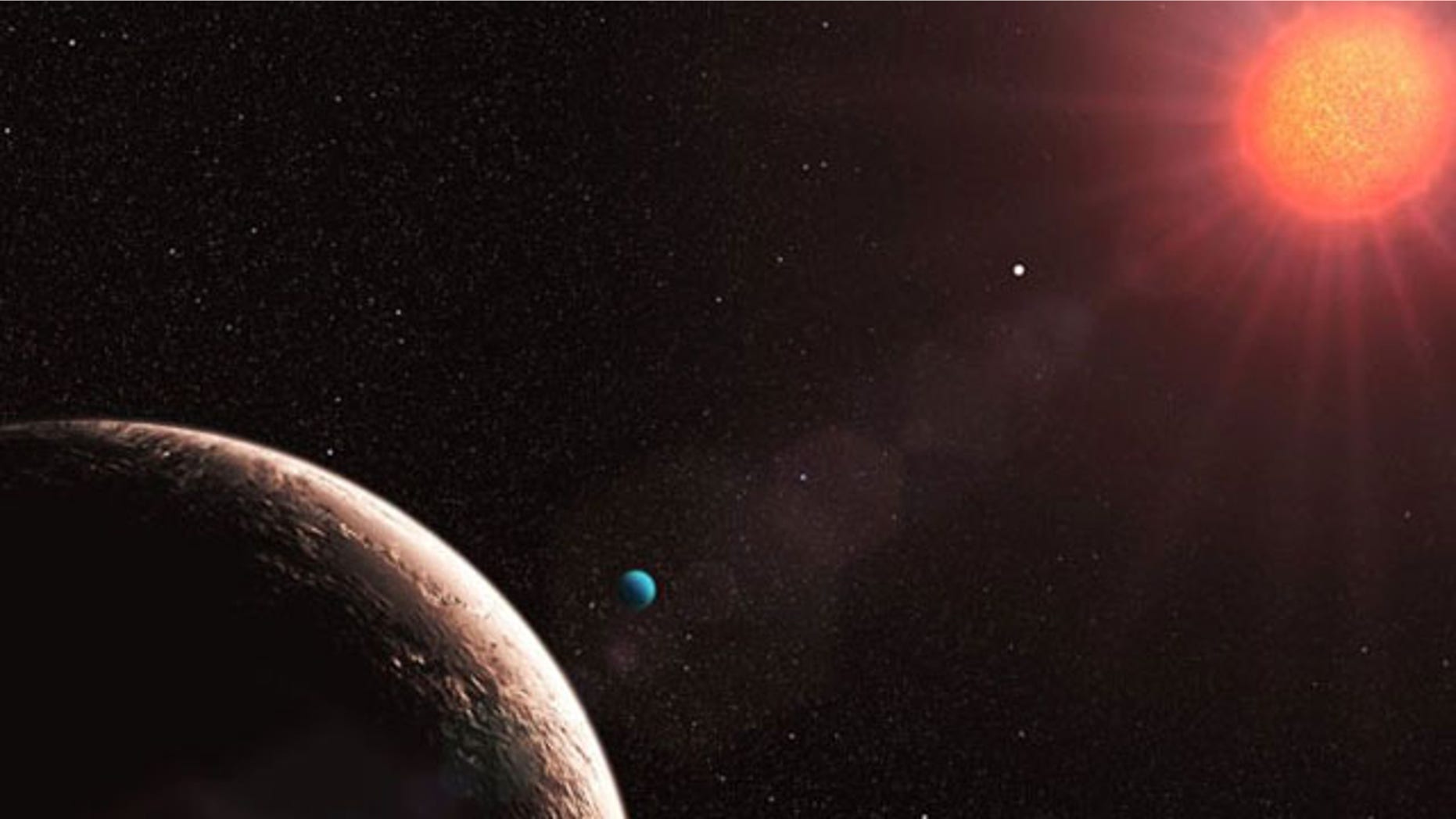 Astronomers have discovered many planets orbiting the star Gliese 581. This artist’s representation shows Gliese 581e (foreground), which is only about twice the mass of our Earth. Other confirmed planets in the system are 16 (planet b, nearest to the star), 5 (planet c, center), and 7 Earth-masses (planet d, with the bluish color).