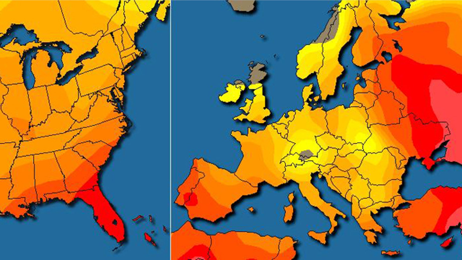 Charts showing the heat index indicate extreme temperatures across the globe, from the East Coast of the United States to Africa and Asia.