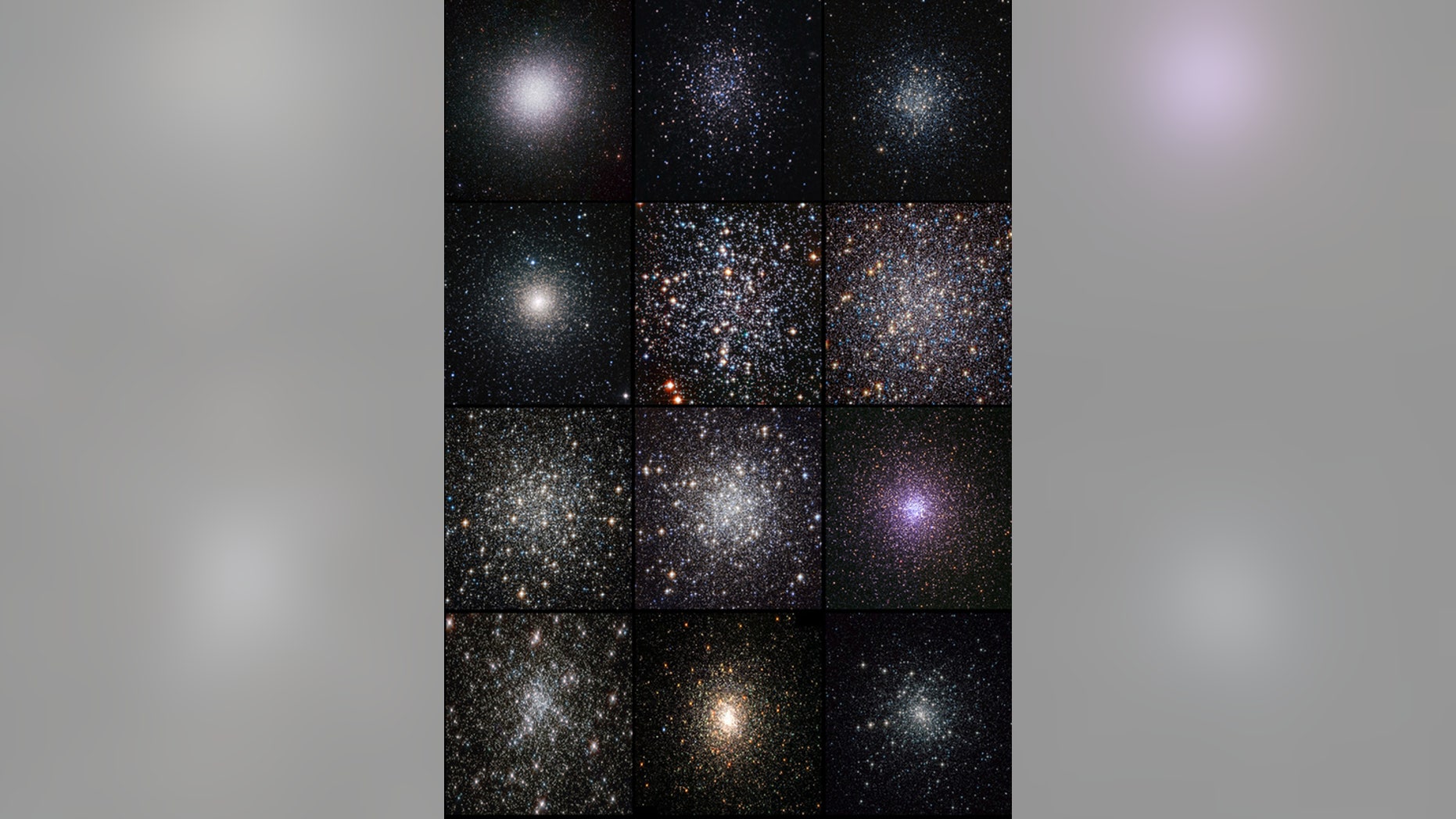 Mosaic of images of 12 globular clusters ranked in order of increasing dynamical age, as measured from the observed radial distribution of their blue straggler stars. From top left to bottom right: omega Centauri, NGC 288, M55, NGC6388, M4, M13