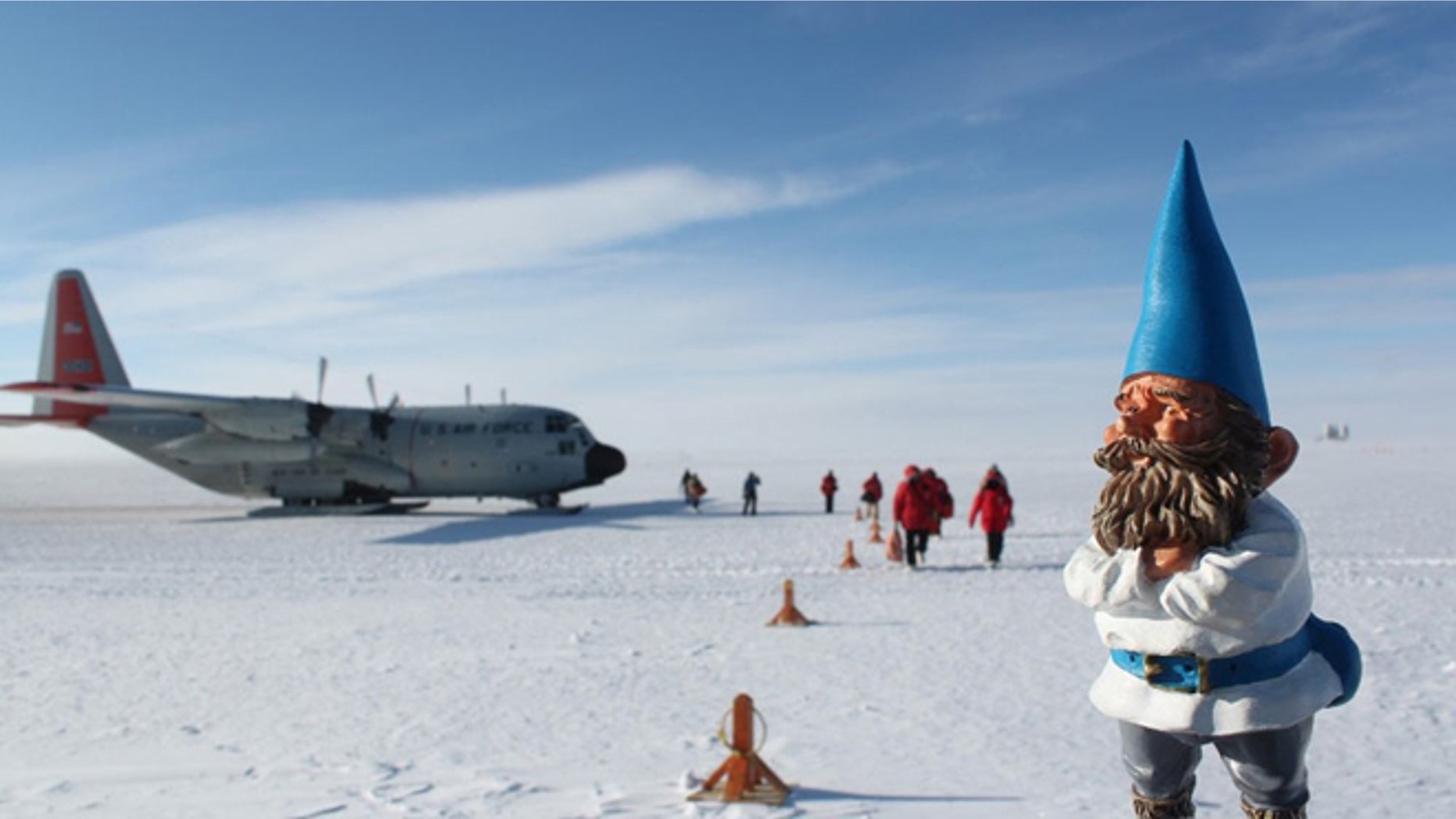Here, the gnome is standing at the Antarctic South Pole. Turns out, the gnome (and you) weighs more at the South Pole than at the equator.