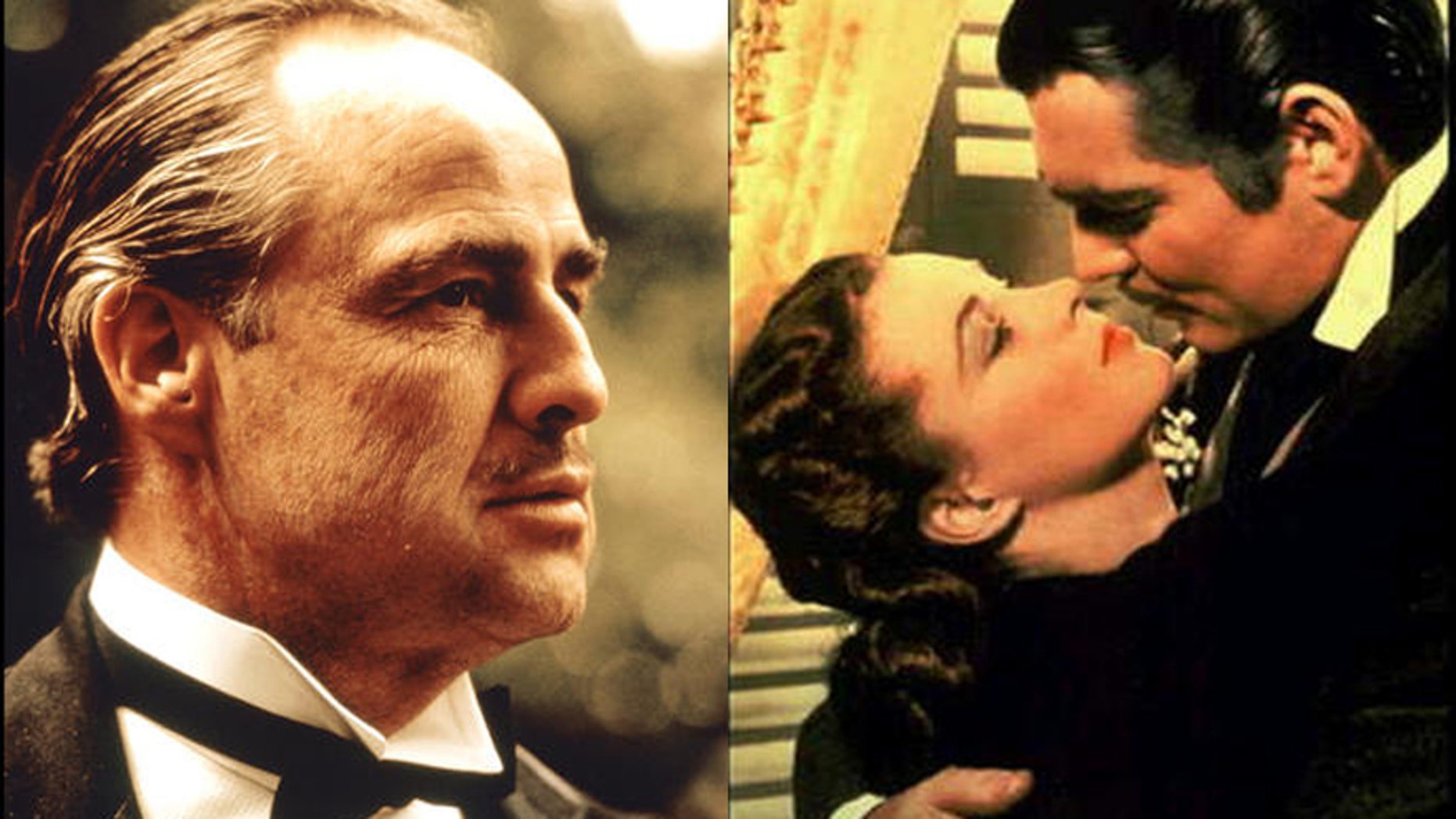 Marlon Brando as Don Vito Corleone in scene from movie "The Godfather," left, and Vivien Leigh and Clark Gable in "Gone With the Wind."