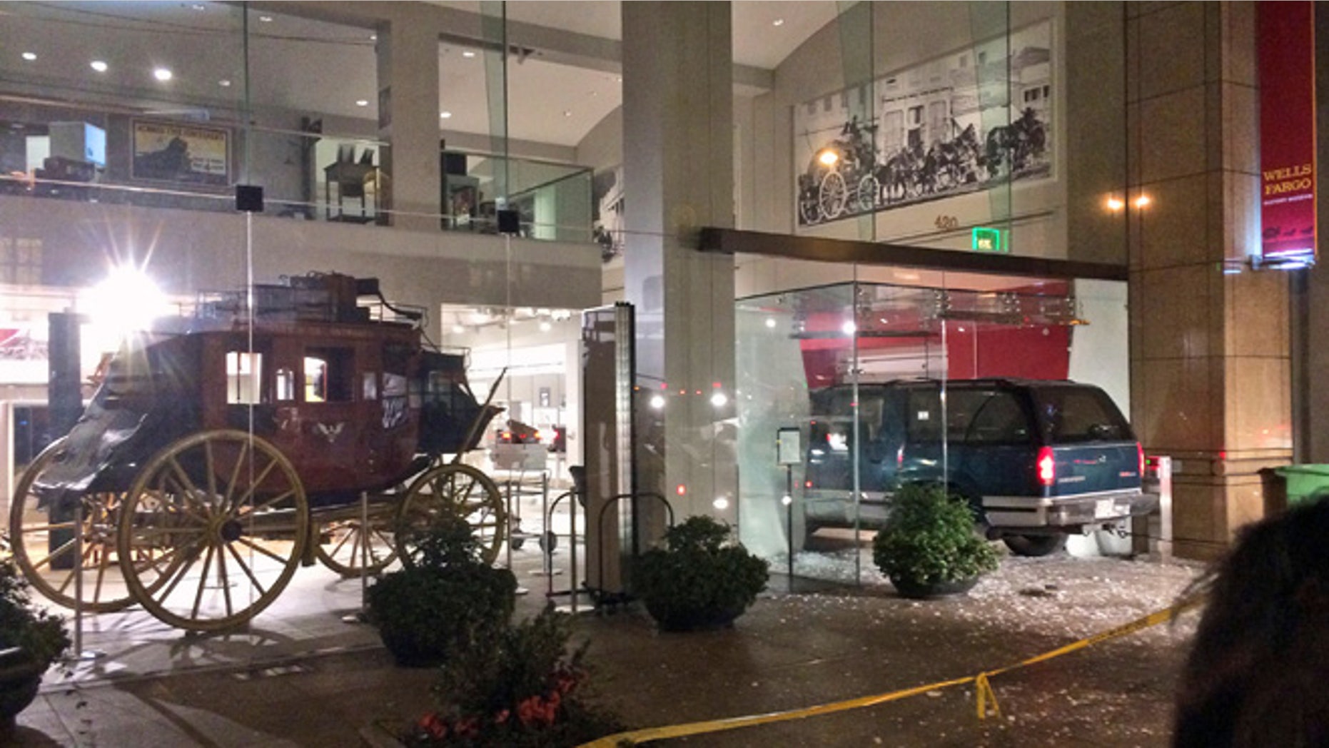 Jan. 27: A vehicle is seen smashed into the window of the Wells Fargo History Museum in downtown San Francisco.