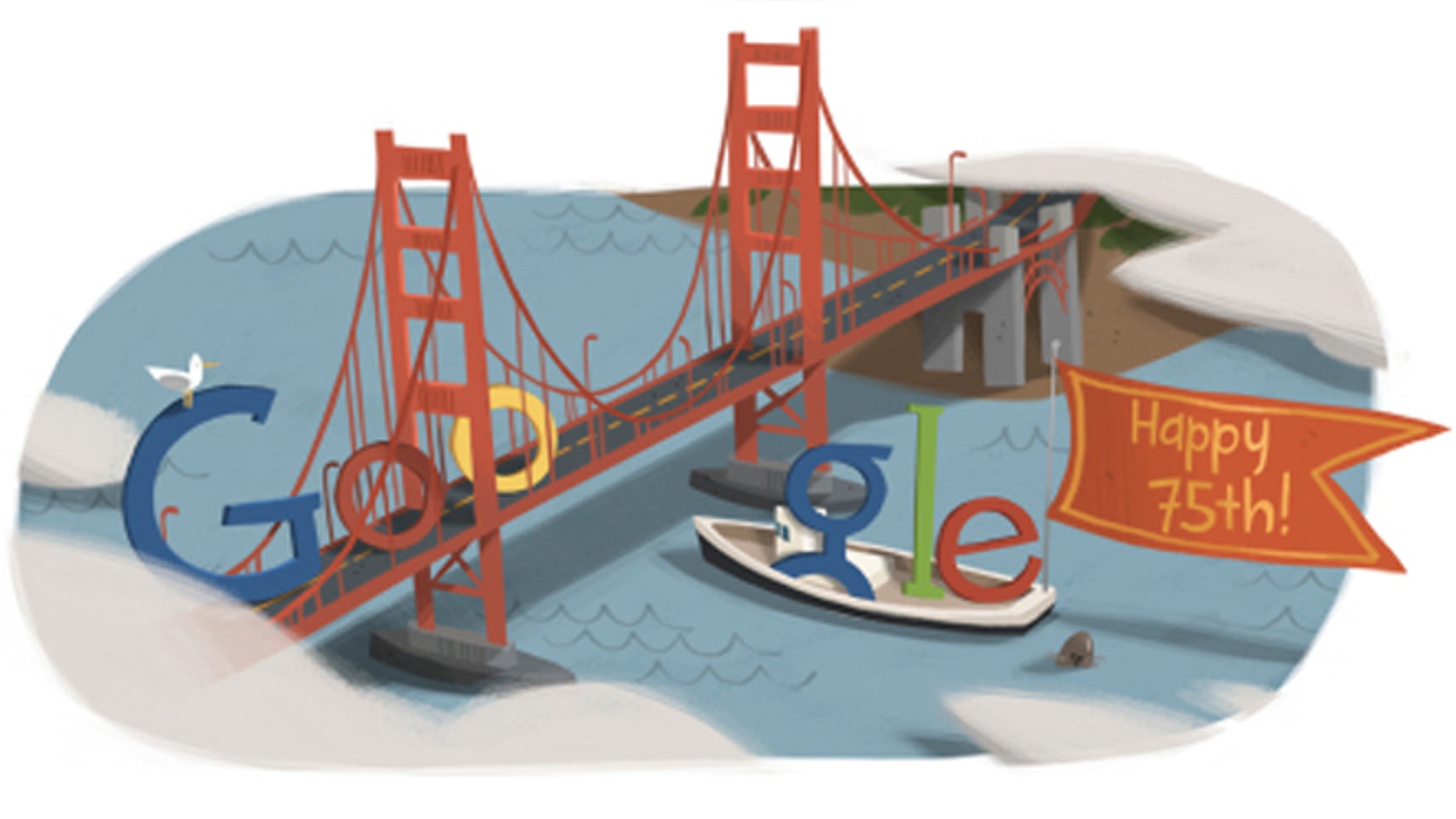 A 2012 Google Doodle celebrates the 75th anniversary of the Golden Gate Bridge.
