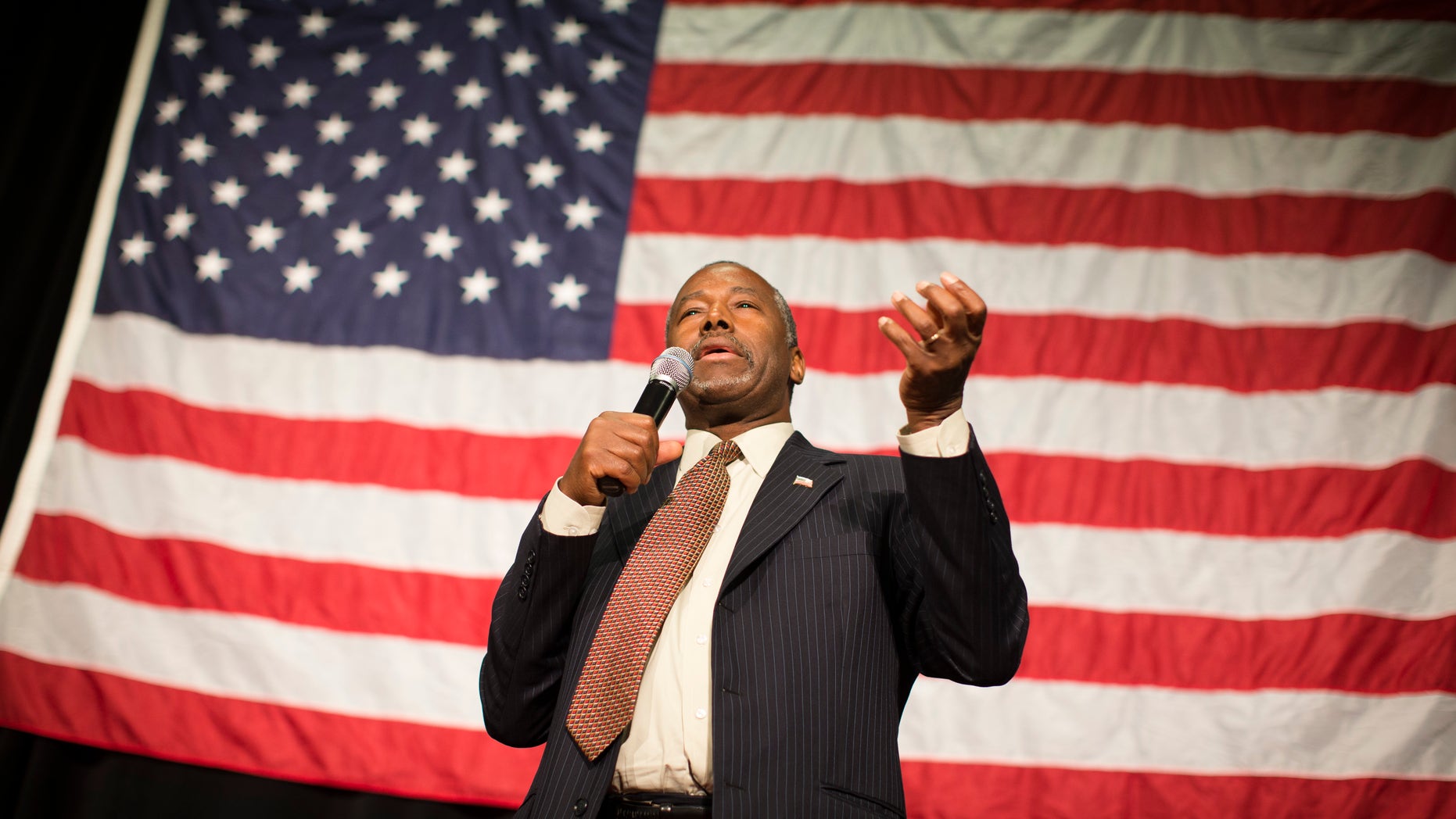 Republican presidential candidate Ben Carson speaks during a campaign rally at the Sharonville Convention Center, Tuesday, Sept. 22, 2015, in Cincinnati. (AP Photo/John Minchillo)