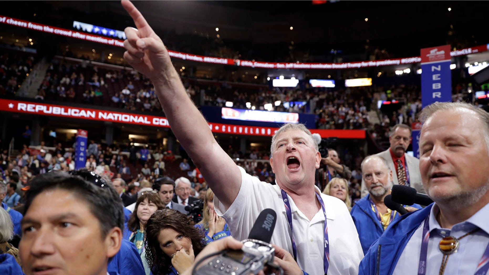 July 19, 2016: Alaska former state Sen. Dave Donley reacts to Alaska's recount during the second day session of the Republican National Convention in Cleveland