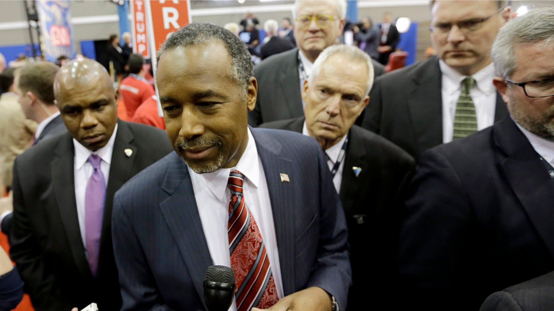 Feb. 25, 2016:Republican presidential candidate, retired neurosurgeon Ben Carson takes a question in the Spin Room after a Republican presidential primary debate at The University of Houston (AP Photo/David J. Phillip)