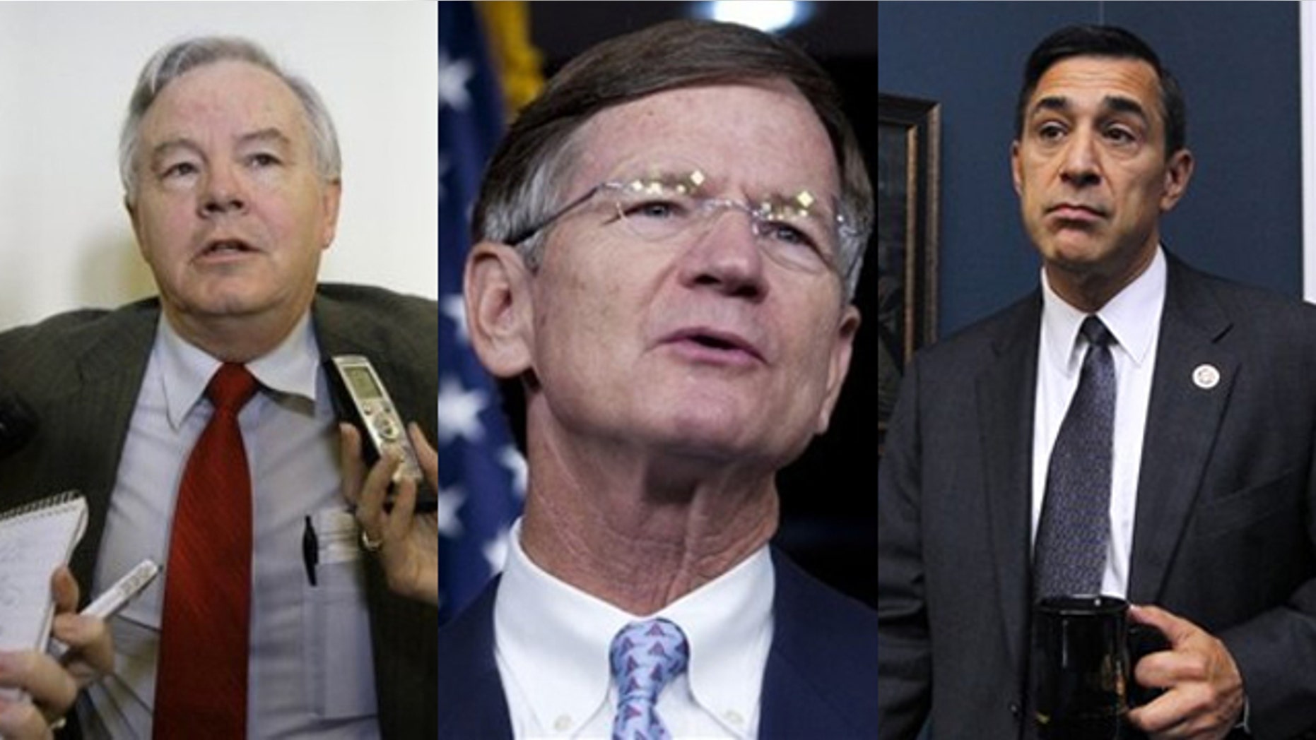 Shown here are Rep. Joe Barton, R-Texas, left; Rep. Lamar Smith, R-Texas, center; and Rep. Darrell Issa, R-Calif. (AP Photos)