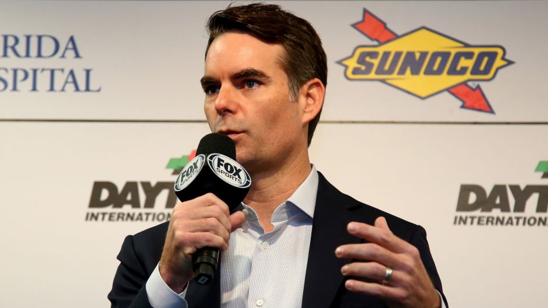 DAYTONA BEACH, FL - FEBRUARY 18: Jeff Gordon speaks to the media during a press conference during practice for the NASCAR Sprint Cup Series Daytona 500 at Daytona International Speedway on February 18, 2016 in Daytona Beach, Florida. (Photo by Sarah Crabill/NASCAR via Getty Images)