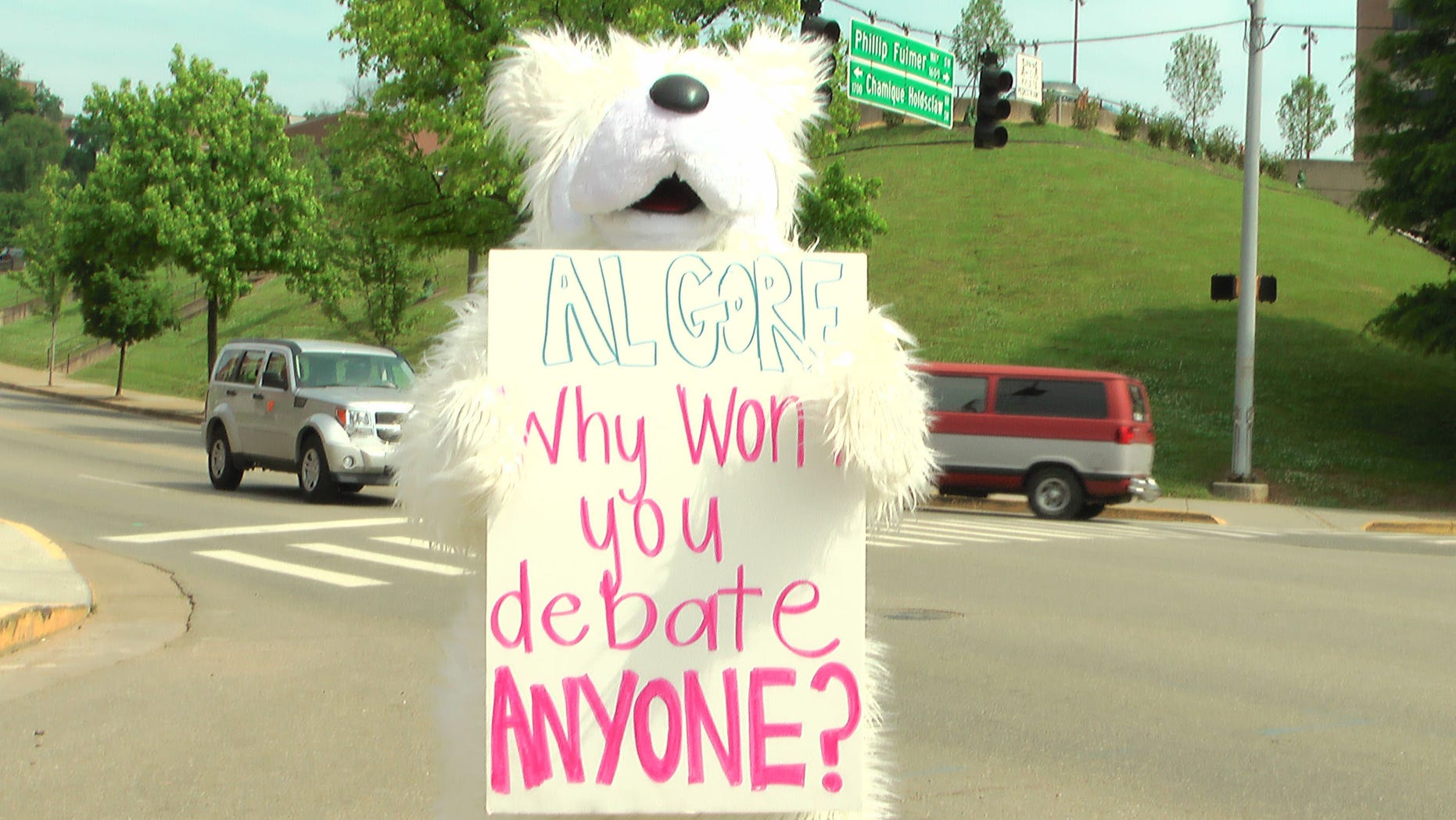 Friday: Global warming skeptic and filmmaker Phelim McAleer, dressed as a polar bear, protested Al Gore's honorary degree at the University of Tennessee commencement address (Greener Horizon Films, Ltd.)