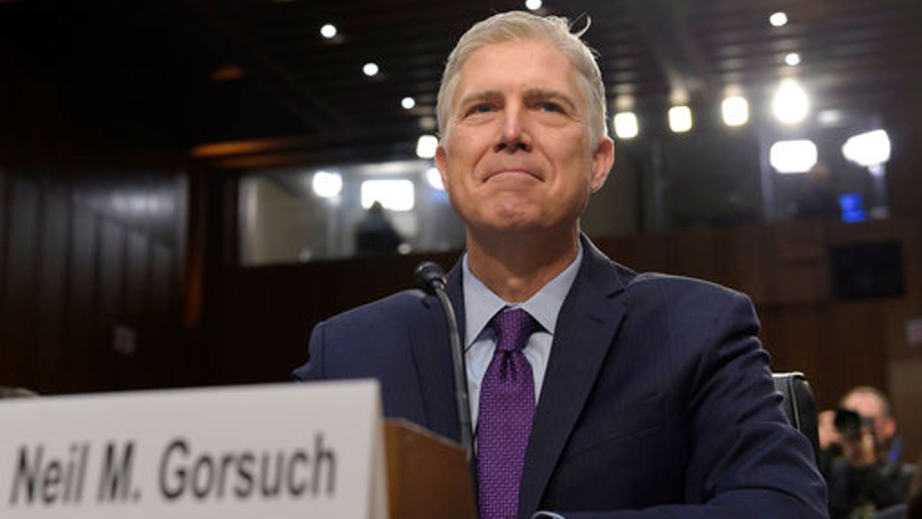 Supreme Court Justice nominee Neil Gorsuch prepares to testify on Capitol Hill in Washington, Tuesday, March 21, 2017, at his confirmation hearing before the Senate Judiciary Committee. (AP Photo/Susan Walsh)