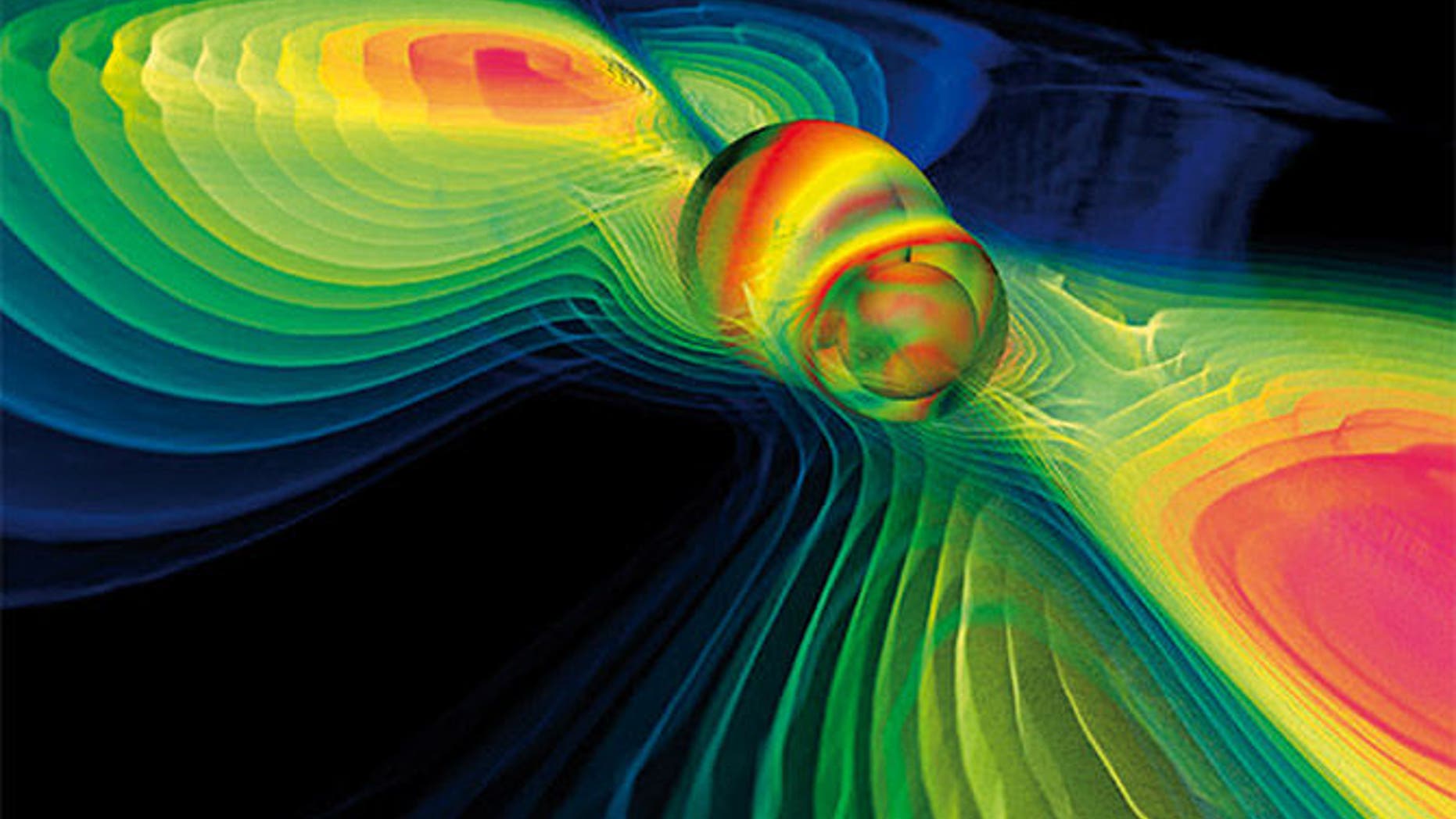 A computer simulation showing gravitational waves during a black-hole collision. The discovery has major implications for science.