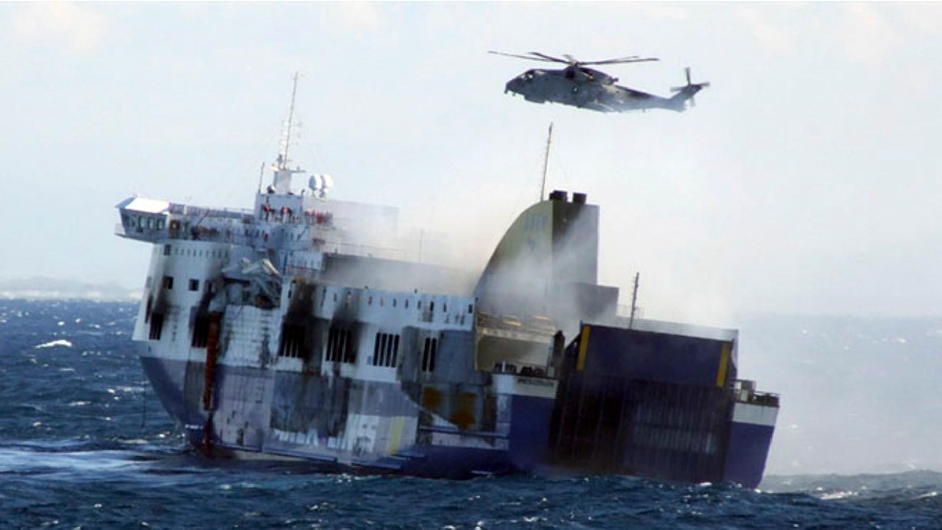 Dec. 29, 2014: In this image released by the Italian Navy, smoke billows from the Italian-flagged Norman Atlantic that caught fire in the Adriatic Sea.