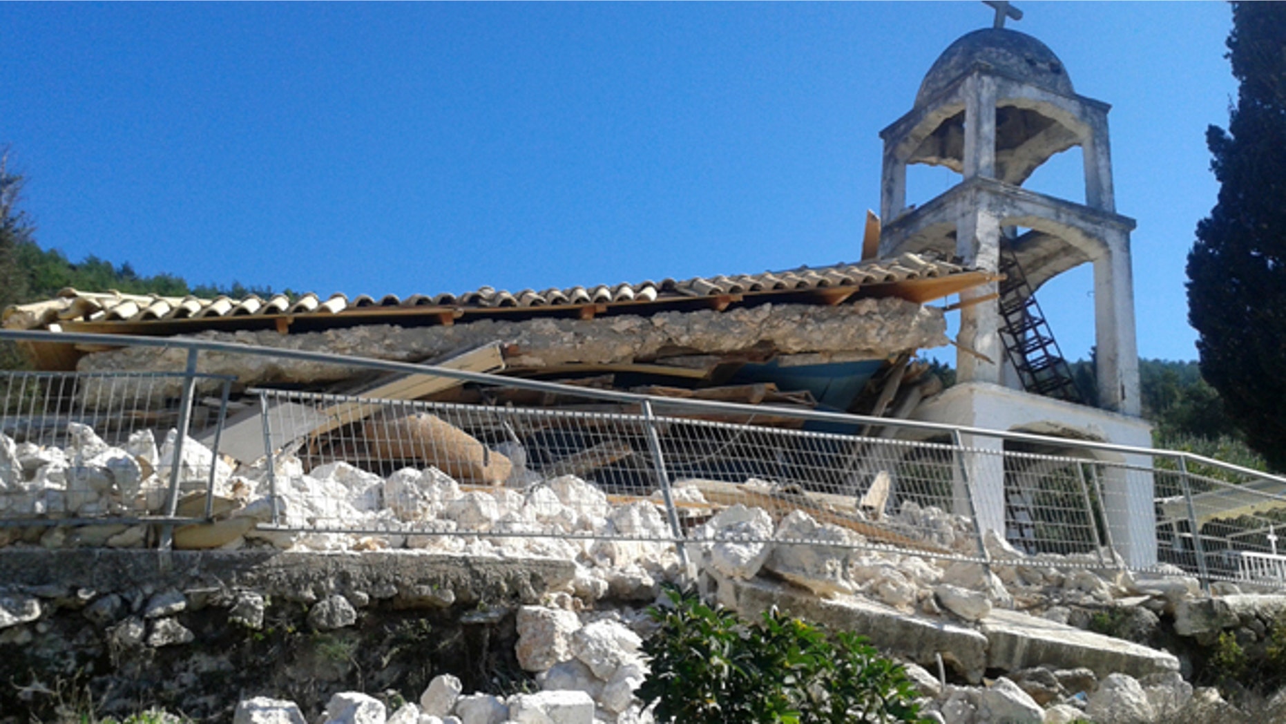 Nov. 17, 2015: A Greek Orthodox church is seen destroyed after a morning earthquake at the village of Athani on the western Greek island of Lefkada.
