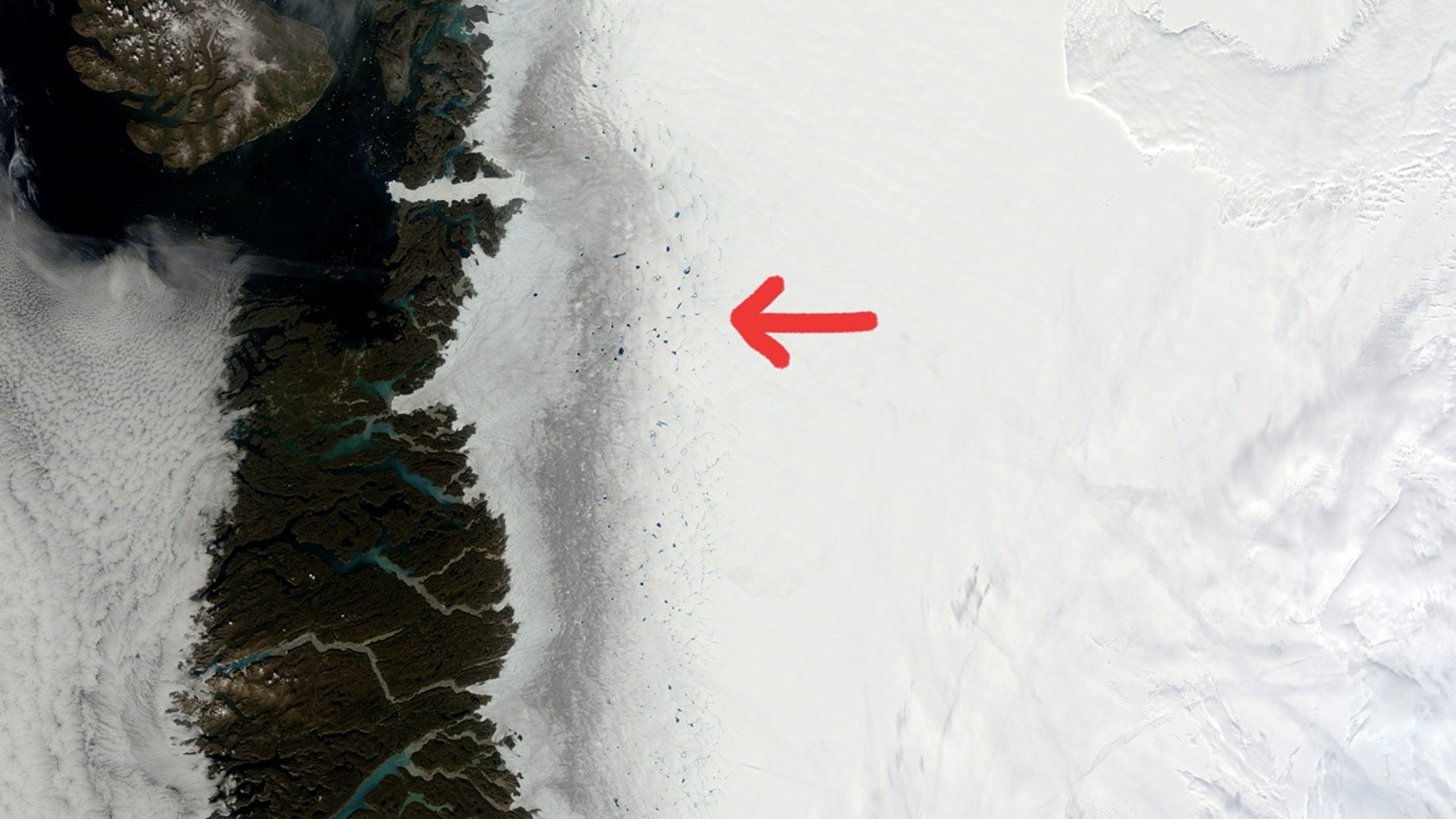 Satellite images reveal the dark zone of the Greenland ice sheet, which is leading to a positive feedback effect where melt begets melt.