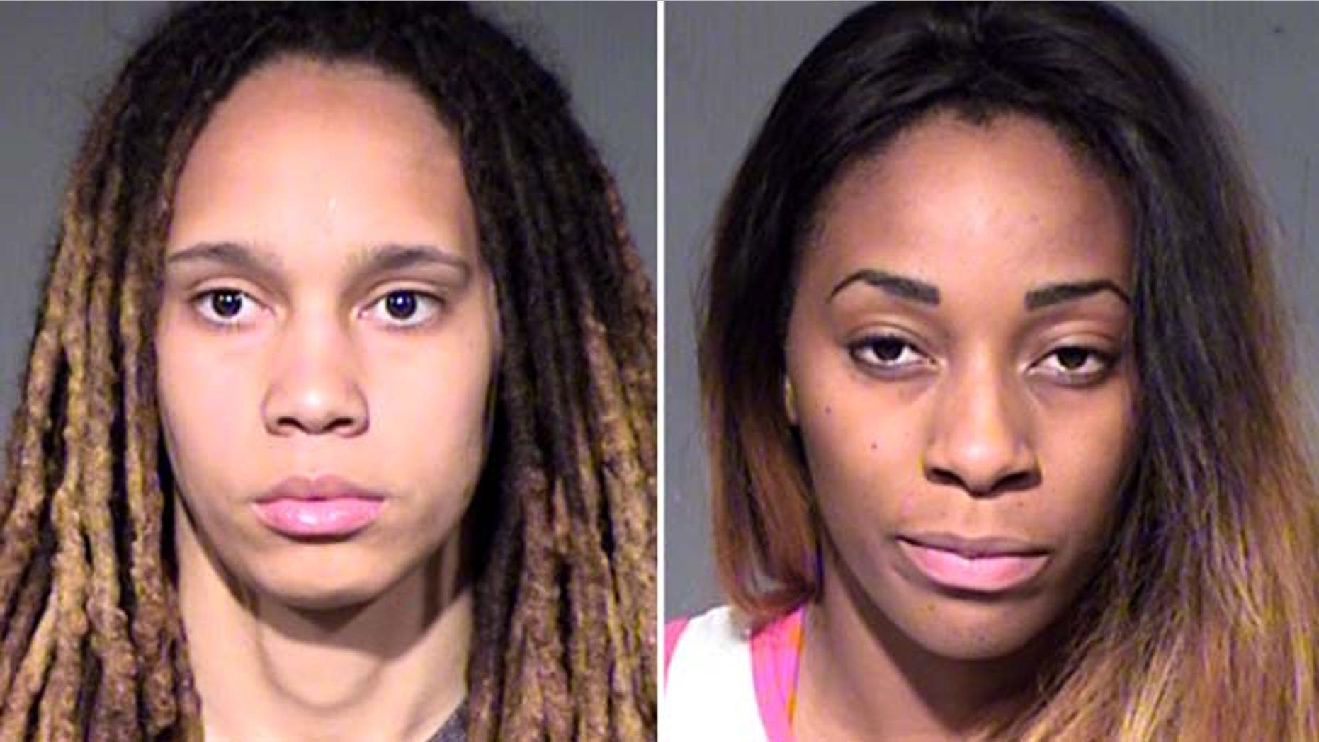 This combo of booking photos released by the Maricopa County Sheriff's Office, show WNBA players Brittney Griner, left, and her fiancee Glory Johnson.