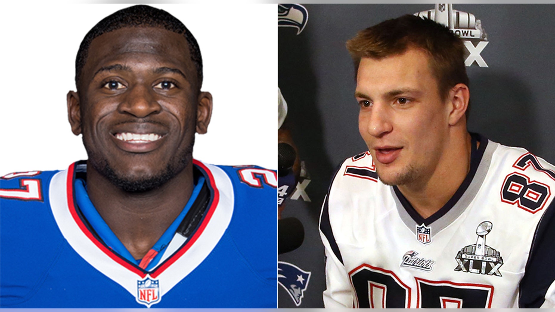 New England Patriots tight end Rob Gronkowski, right, was accused of making a dirty hit into the back of the head of Buffalo Bills cornerback Tre’Davious White.