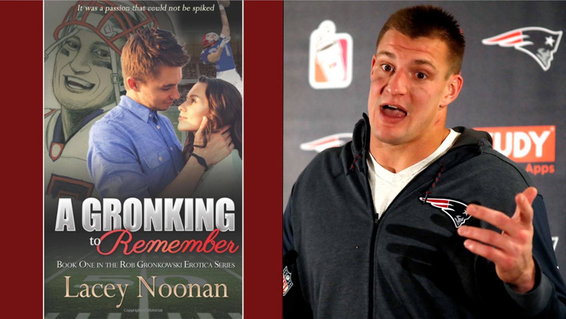 'A Gronking to Remember,' left, a work of erotic fiction inspired by New England Patriots player Rob Gronkowski, right, was the subject of a lawsuit over the cover art.