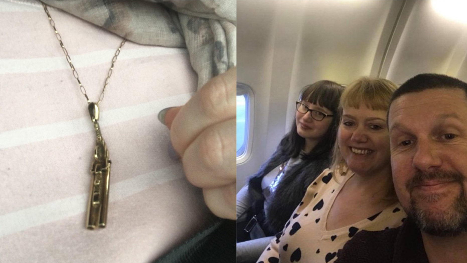 A woman claims airport security at London Stansted Airport confiscated her gun necklace because it was potentially dangerous and people might think it was real.
