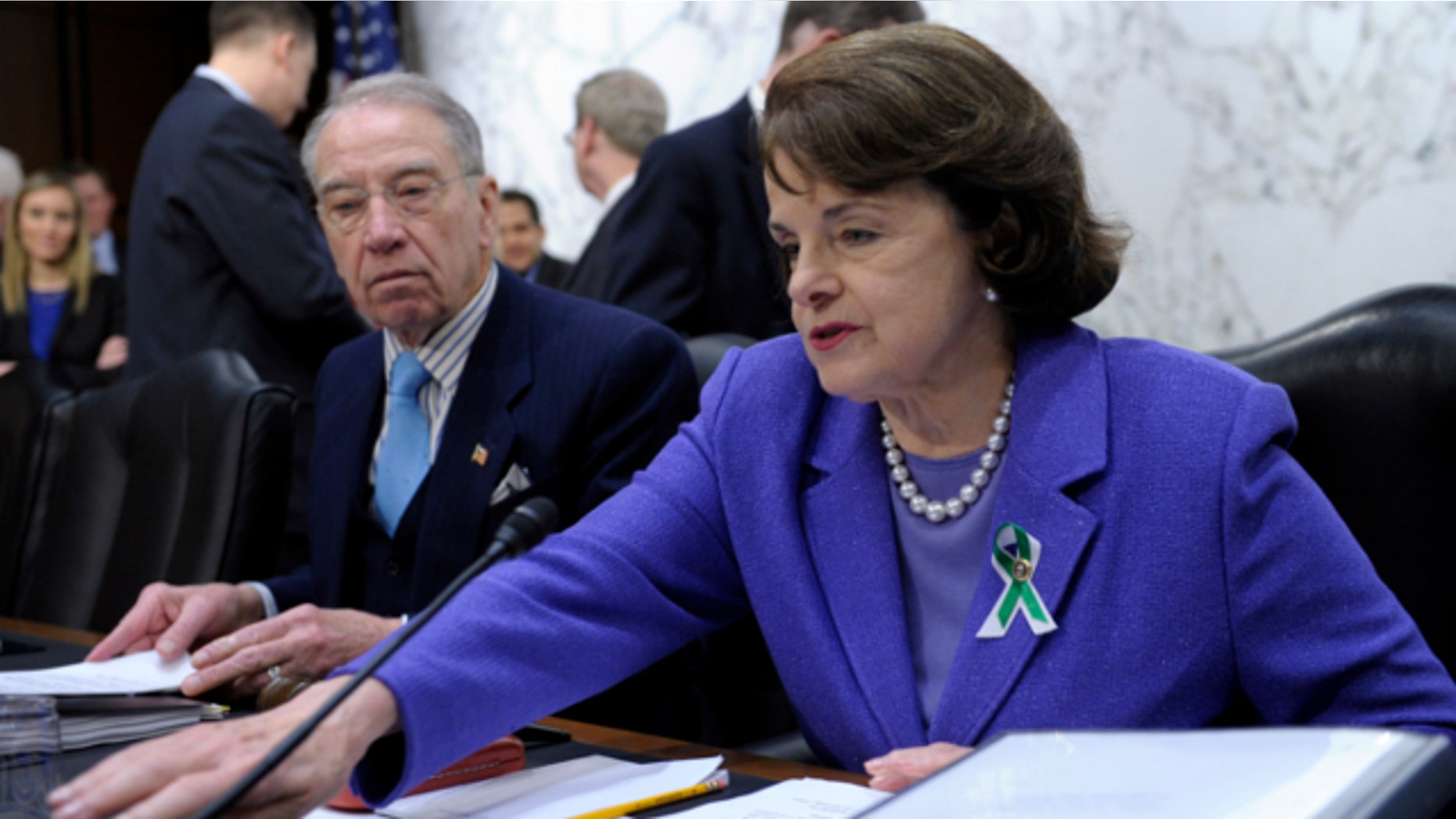 Senate Judiciary Committee member Sen. Dianne Feinstein, D-Calif., right, sits next to the committee's ranking Republican, Sen. Charles Grassley, R-Iowa, at a hearing on Capitol Hill in Washington.