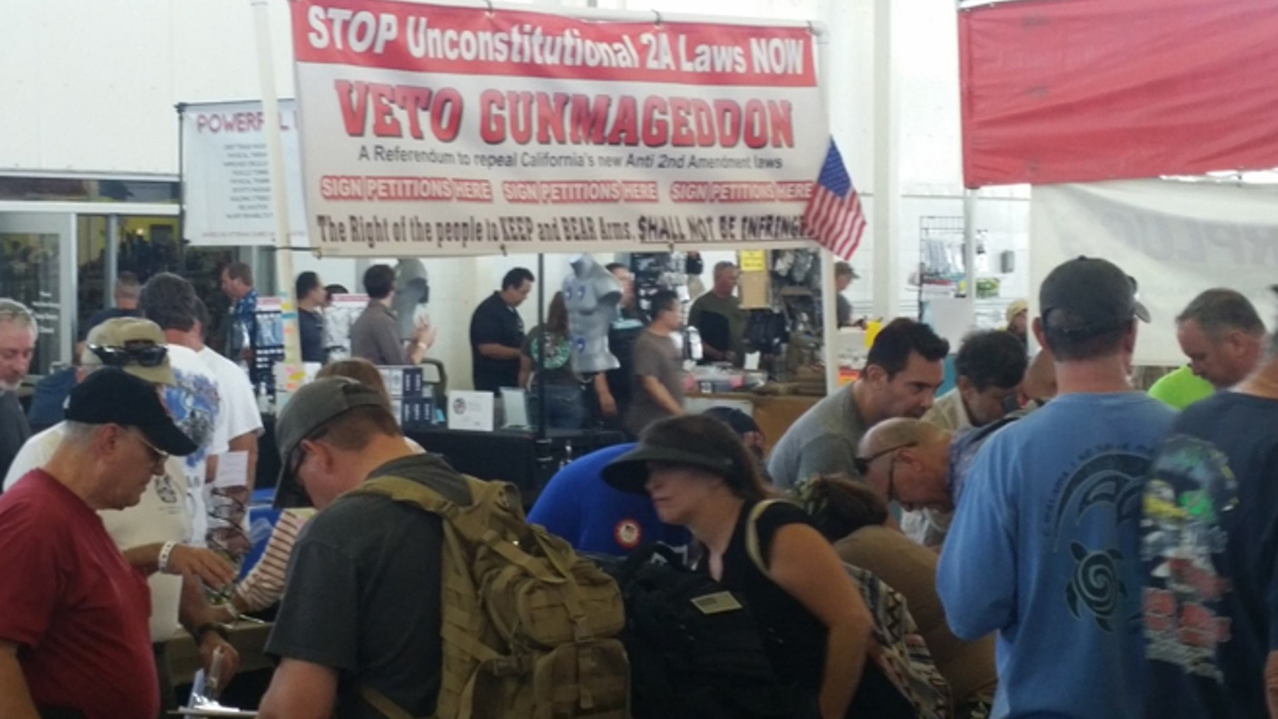 The group dubbed "Veto Gunmageddon" made its presence known at a gun show in Costa Mesa, Calif., and at others around the state.