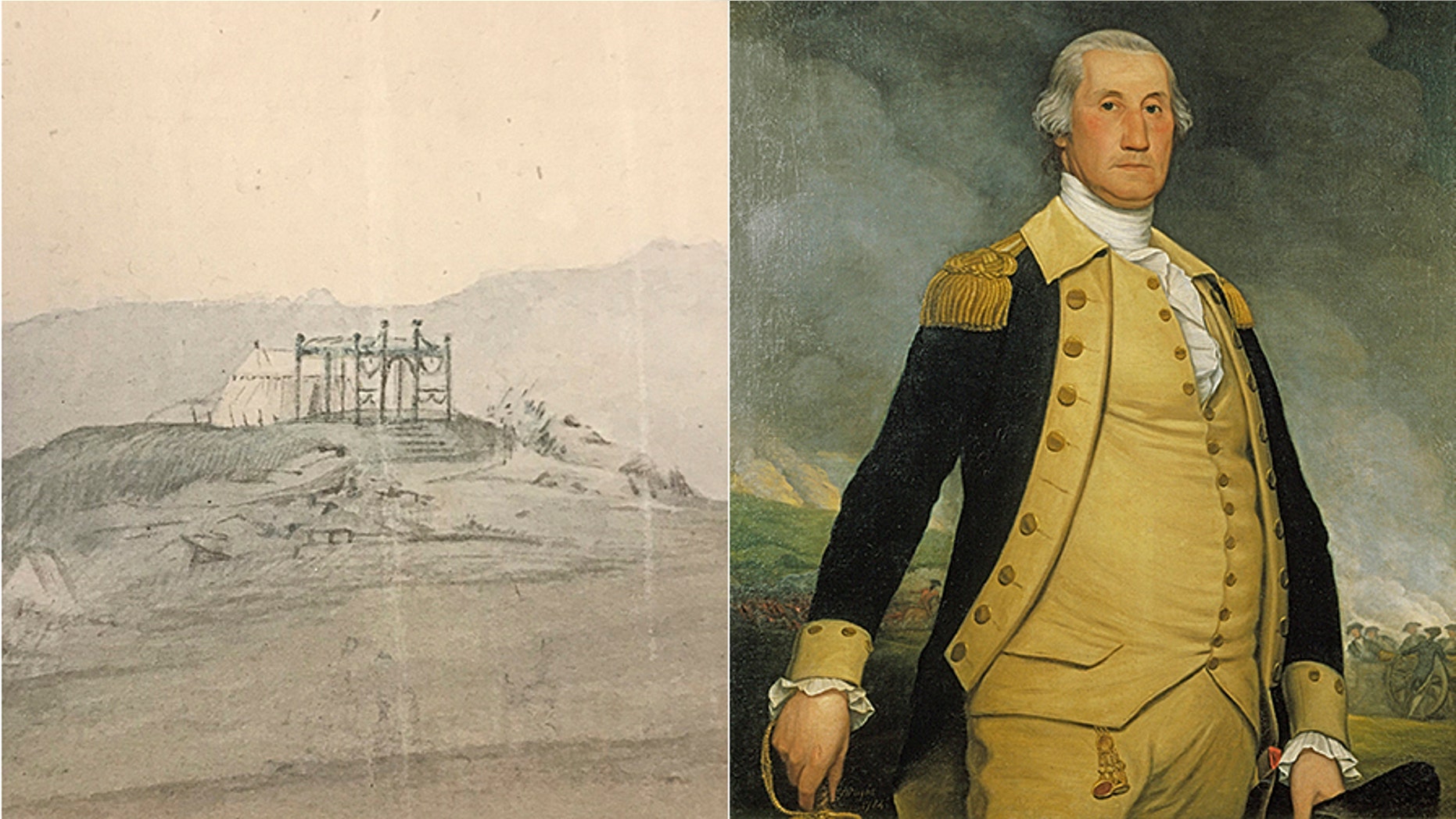 Close-up detail of the watercolor depicting George Washington's field tent (Courtesy of the Museum of the American Revolution) and portrait of George Washington by Joseph Wright, 1784. (Courtesy of the Philadelphia History Museum at the Atwater Kent, the Historical Society of Pennsylvania Collection)