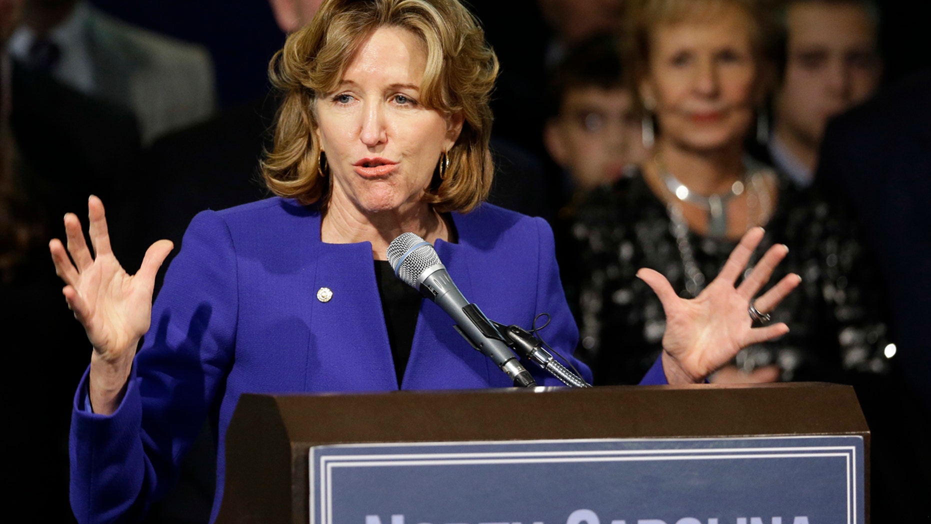 FILE - IN this Nov. 4, 2014 file photo, Sen. Kay Hagan, D-N.C., gives her concession speech during an election night rally in Greensboro, N.C. Hagan, has been hospitalized after falling seriously ill, according to Joe Ruthven, her brother.