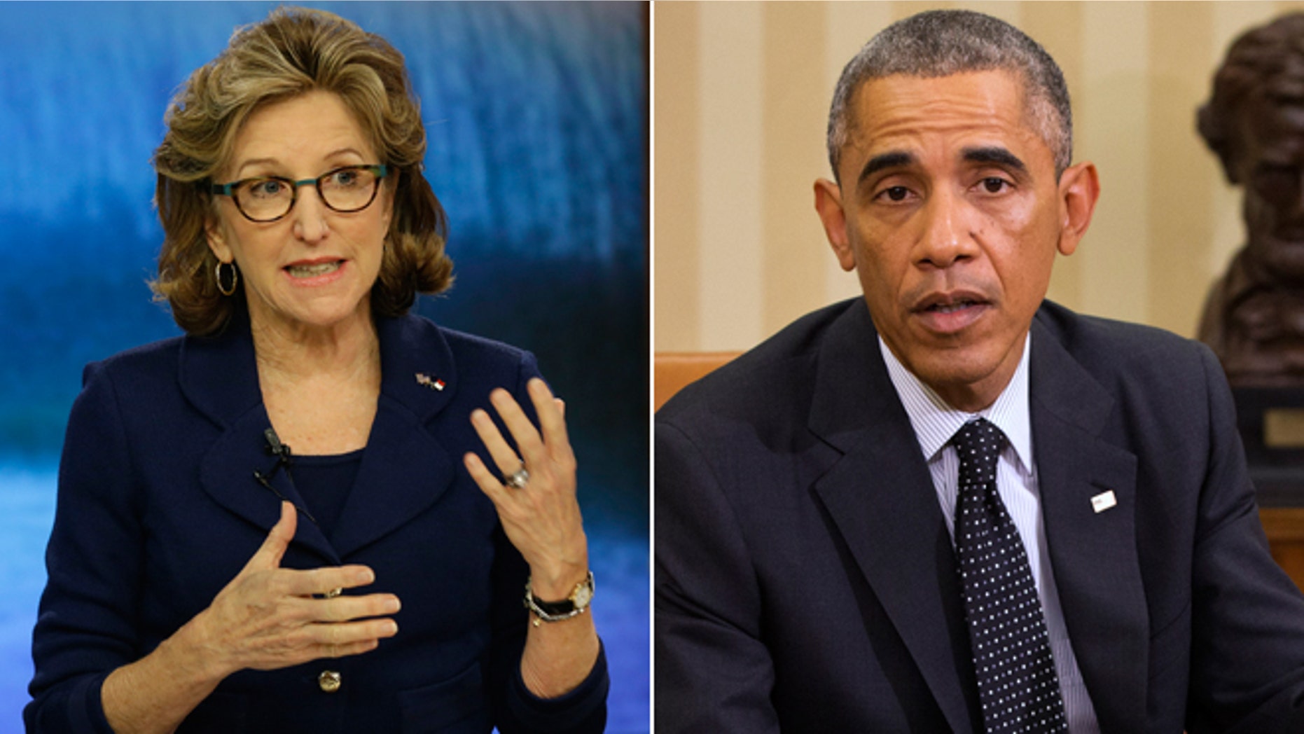 In this Thursday, Oct. 9, 2014 photo, Sen. Kay Hagan, D-N.C., speaks during a debate in Wilmington, N.C., and in this Wednesday Oct. 22, 2014 photo, President Barack Obama speaks to the media in the Oval Office of the White House in Washington.