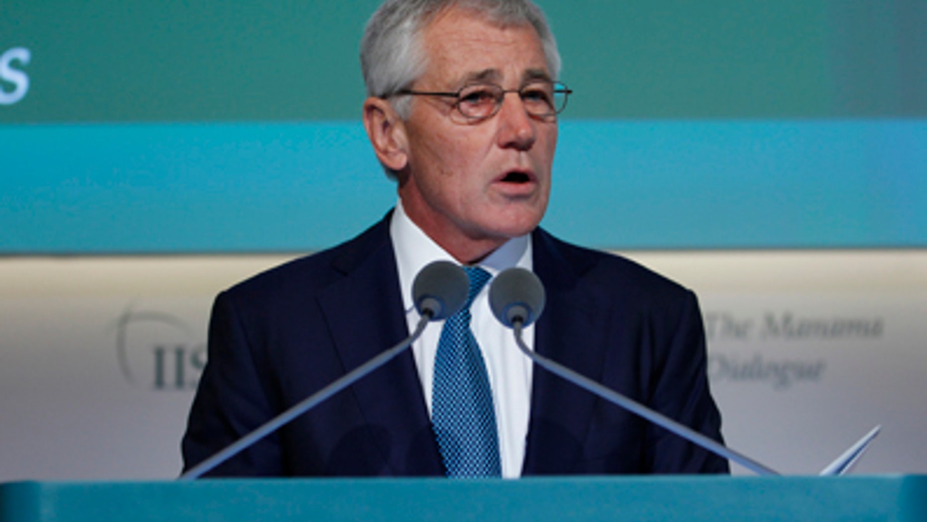 U.S. Defense Secretary Chuck Hagel speaks at the IISS Regional Security Summit in Bahrain.
