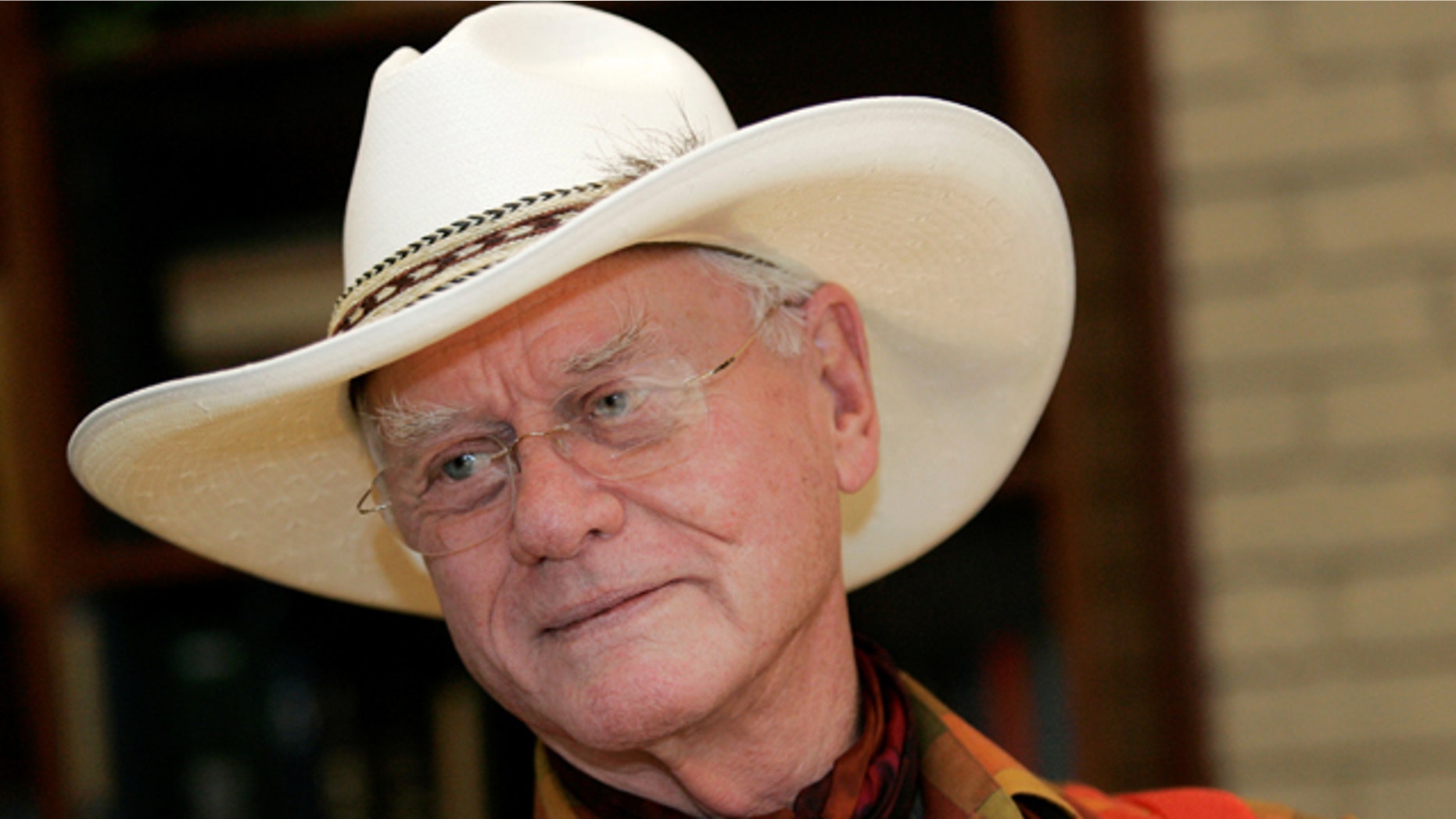 Oct. 9, 2008: Actor Larry Hagman listens to a reporter's question while visiting the Southfork Ranch in Parker, Texas.