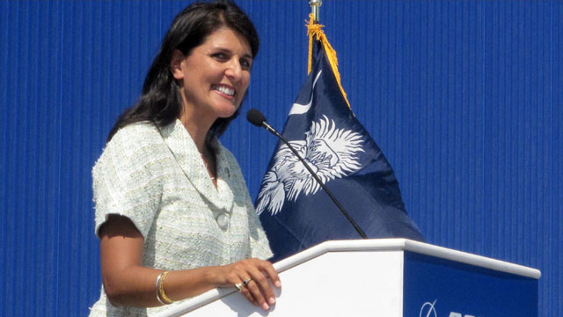 June 10, 2011: South Carolina Gov. Nikki Haley speaks during the dedication of Boeing Co.'s $750 million final assembly plant in North Charleston, S.C.
