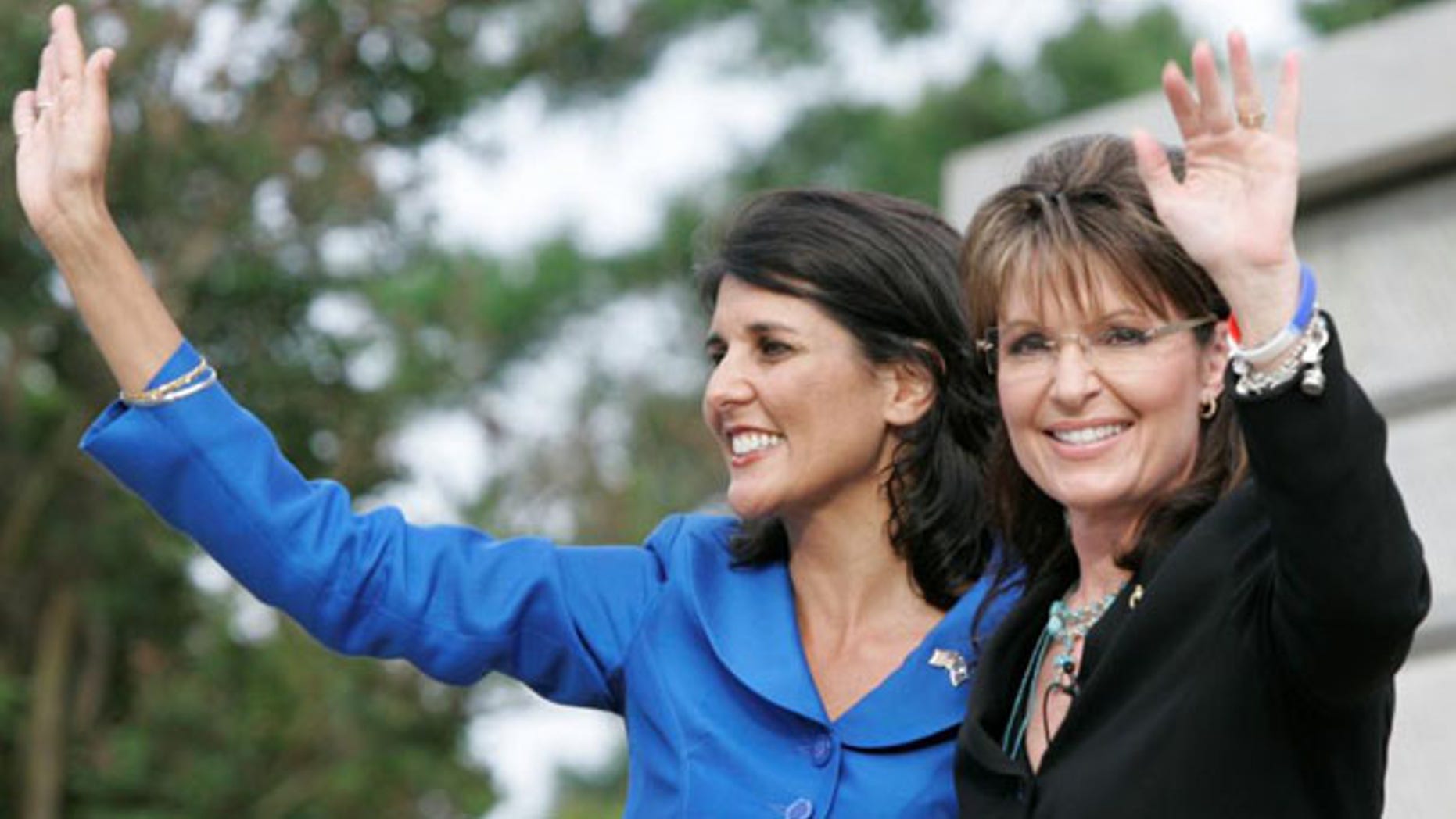 Former Alaska Gov. Sarah Palin waves as she endorses S.C. gubernatorial candidate Nikki Haley May 14 in Columbia, S.C. (AP Photo)