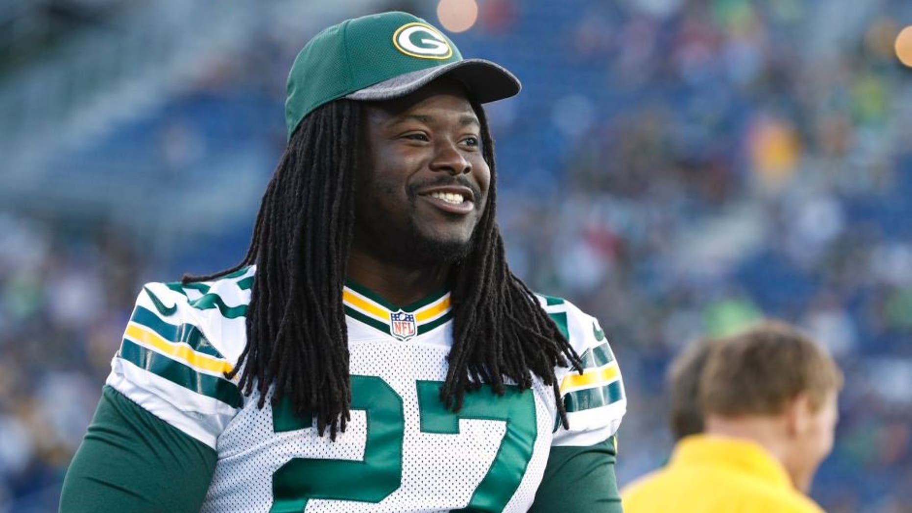 CANTON, OH - AUGUST 07: Eddie Lacy #27 of the Green Bay Packers looks on after the NFL Hall of Fame Game against the Indianapolis Colts was canceled due to poor field conditions at Tom Benson Hall of Fame Stadium on August 7, 2016 in Canton, Ohio. (Photo by Joe Robbins/Getty Images)