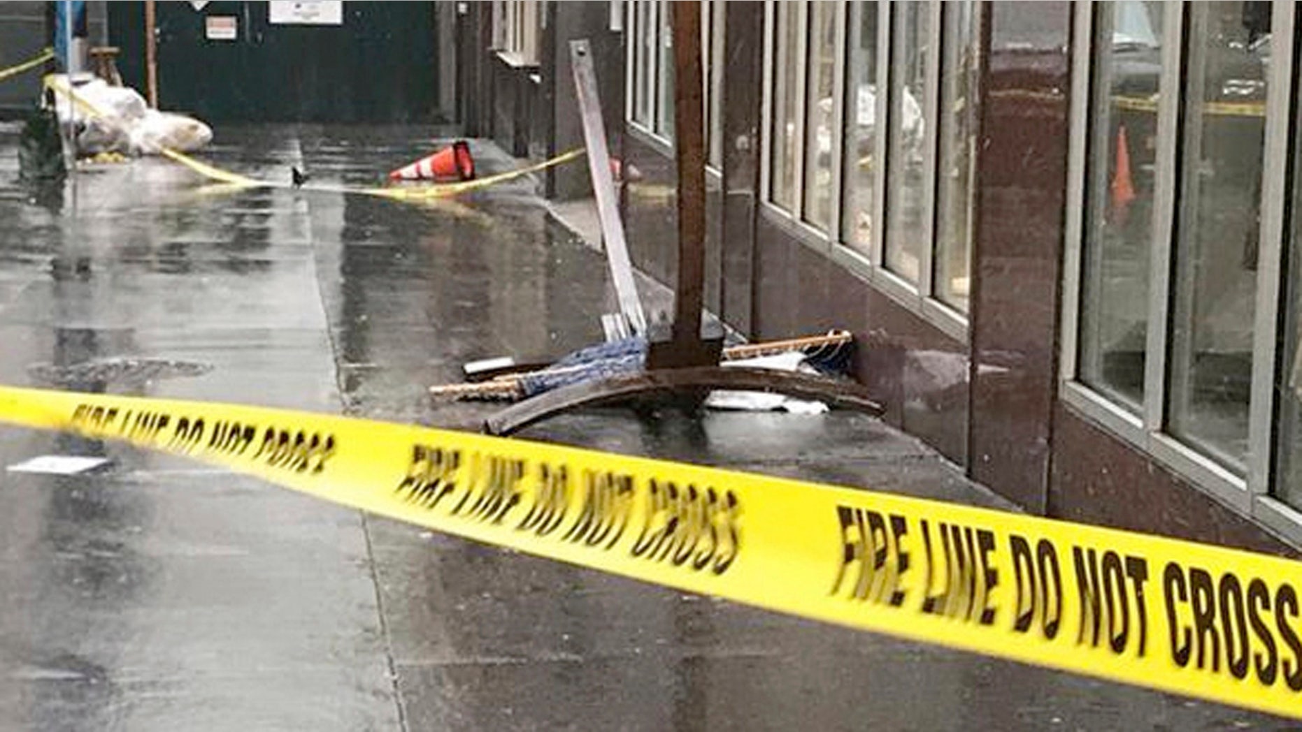 In this April 25, 2017 photo provided by ABC 7 Eyewitness News in New York, a wooden hammock lay on the sidewalk in New York.