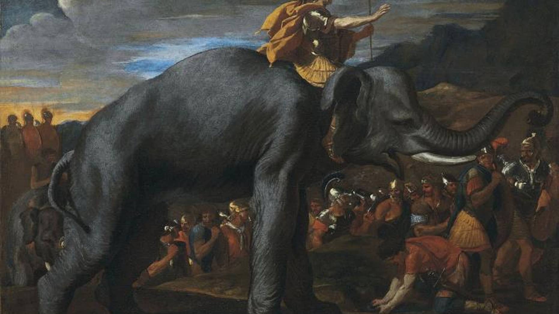 Hannibal crosses the Alps on an elephant (Public domain) (Nicolas Poussin).