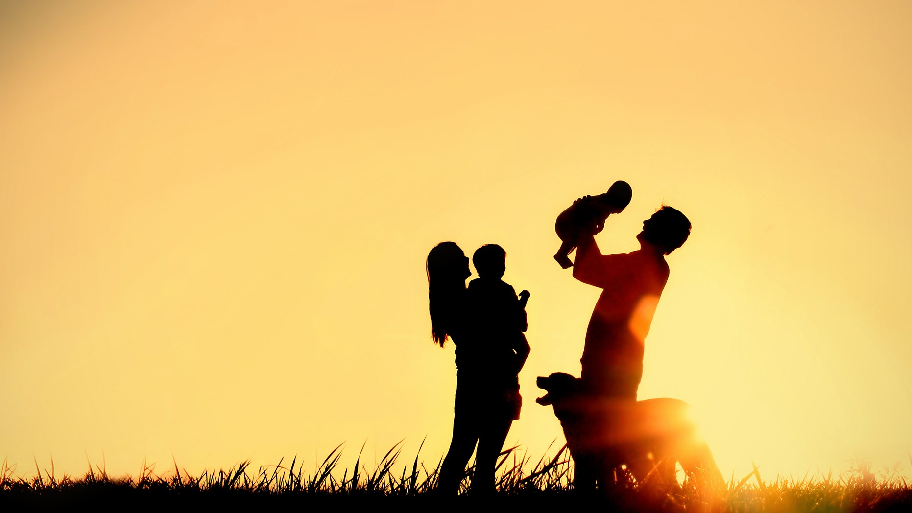 A silhouette of a happy family of four people, mother, father, baby, and child, and their dog in front of a sunsetting sky, with room for copy space or text
