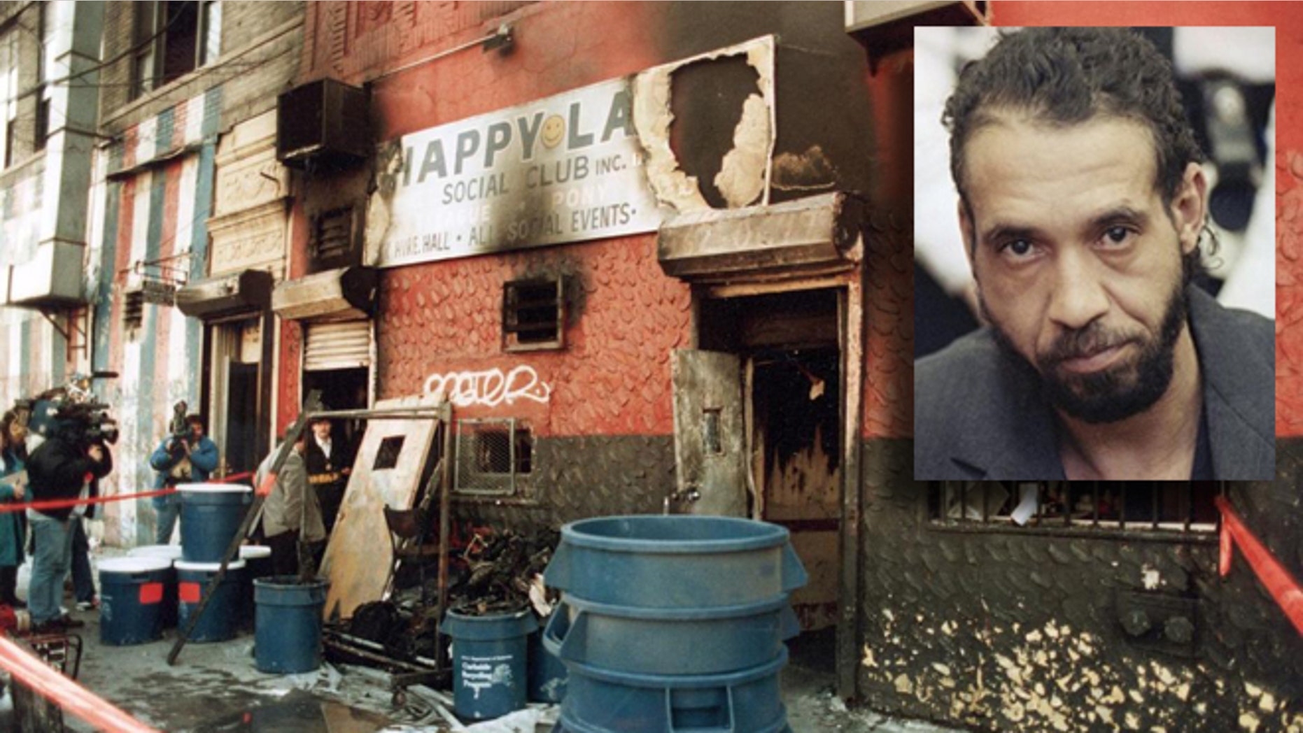 The Happy Land Social Club in the Bronx, N.Y., after the fire. Inset: Julio Gonzalez.