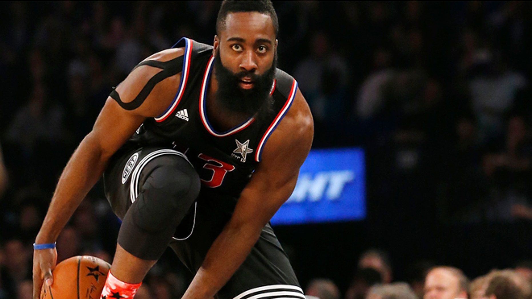 Feb. 15, 2015: West Teams James Harden, of the Houston Rockets, tries to keep the ball inbounds during the second half of the NBA All-Star basketball game, in New York.